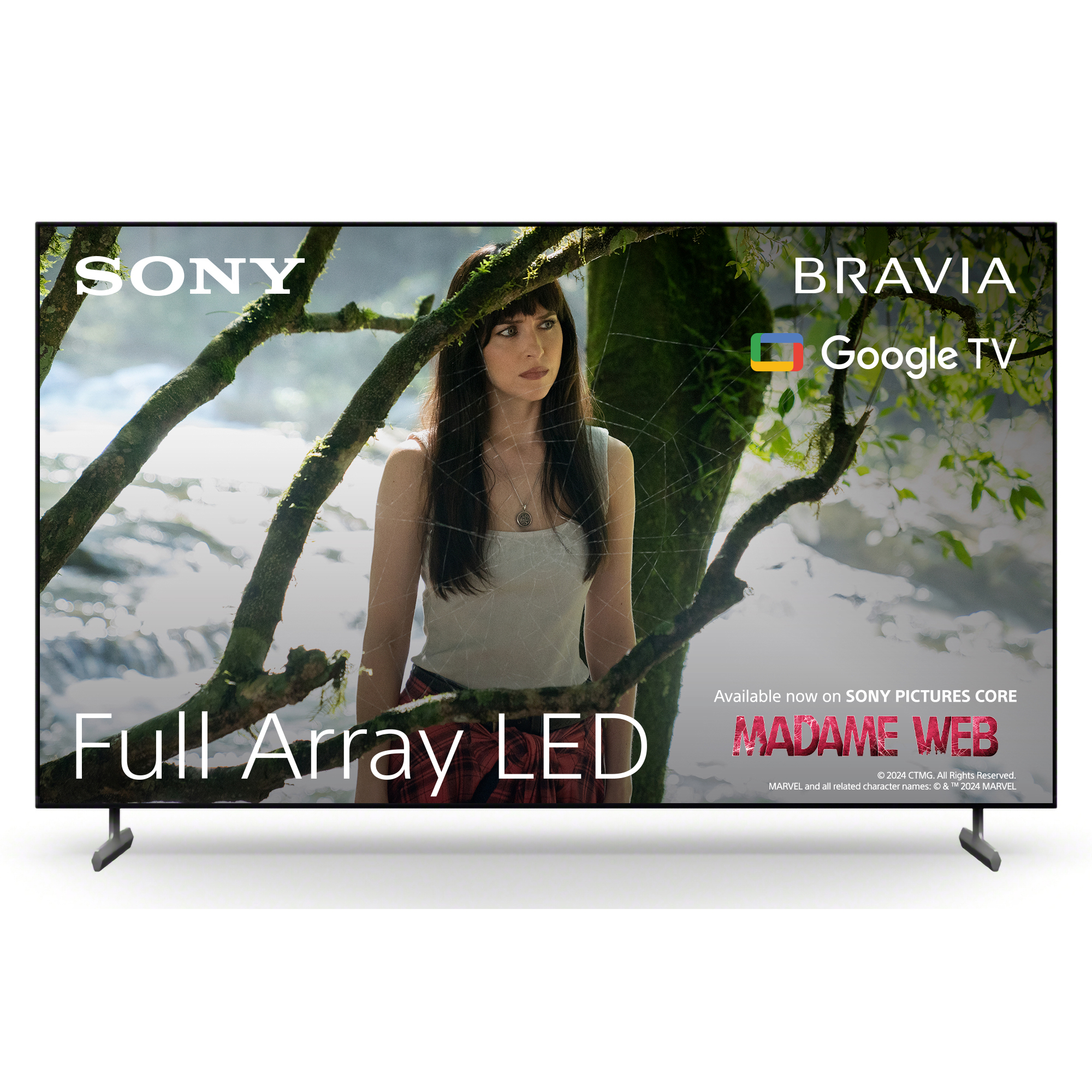Sony Bravia TV mit einer Frau in einer Waldszene. Text: Full Array LED, Madame Web.