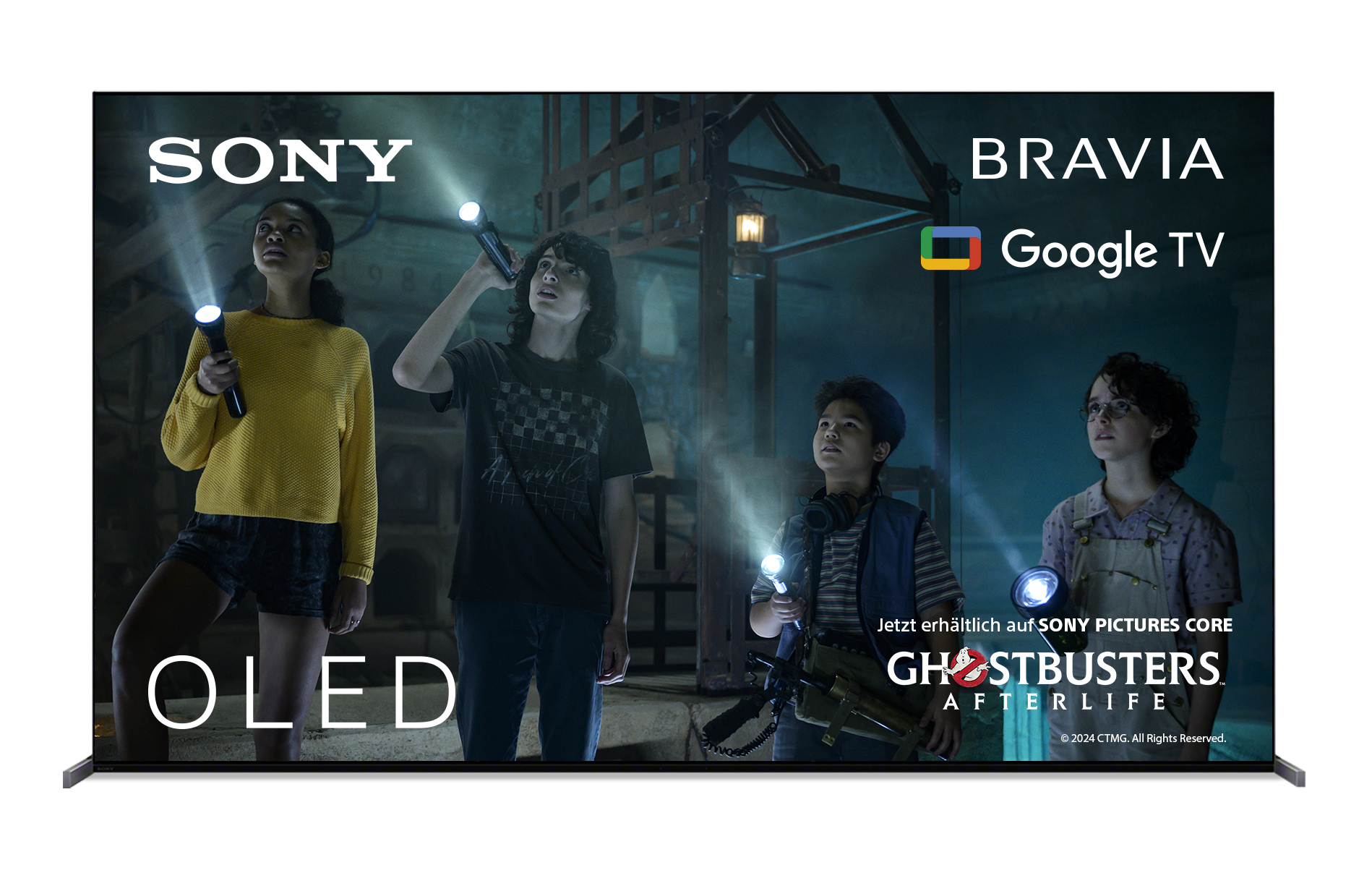 Ein großer Fernseher, der eine Szene aus Ghostbusters: Afterlife zeigt. Die Logos von Sony und Bravia sind sichtbar.