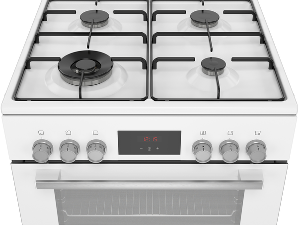 Dört ocak ve kontrol düğmeleri olan beyaz bir gaz ocağının üstten görünümü, temiz tasarım, beyaz arka plan.