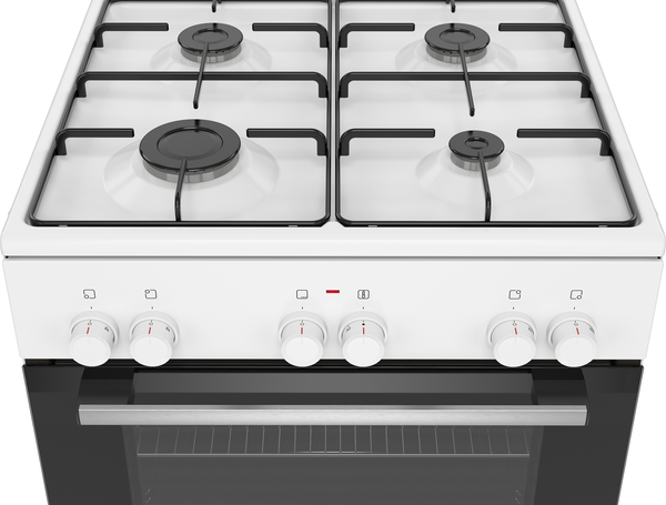Dört ocaklı ve altta kontrol düğmeleri olan beyaz bir gaz sobasının üstten görünümü.