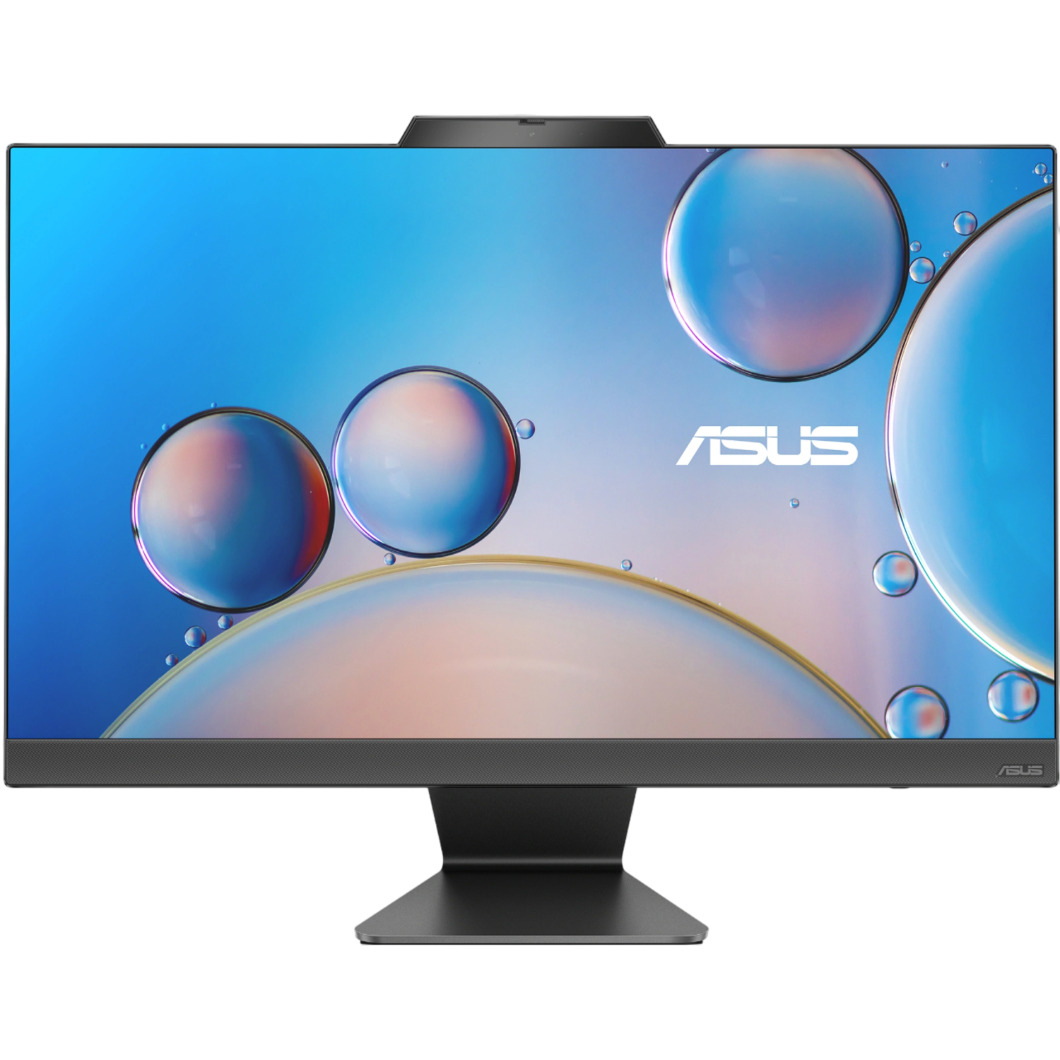 Een Asus computermonitor met een webcam bovenop. Het scherm toont een abstract blauw en geel ontwerp.