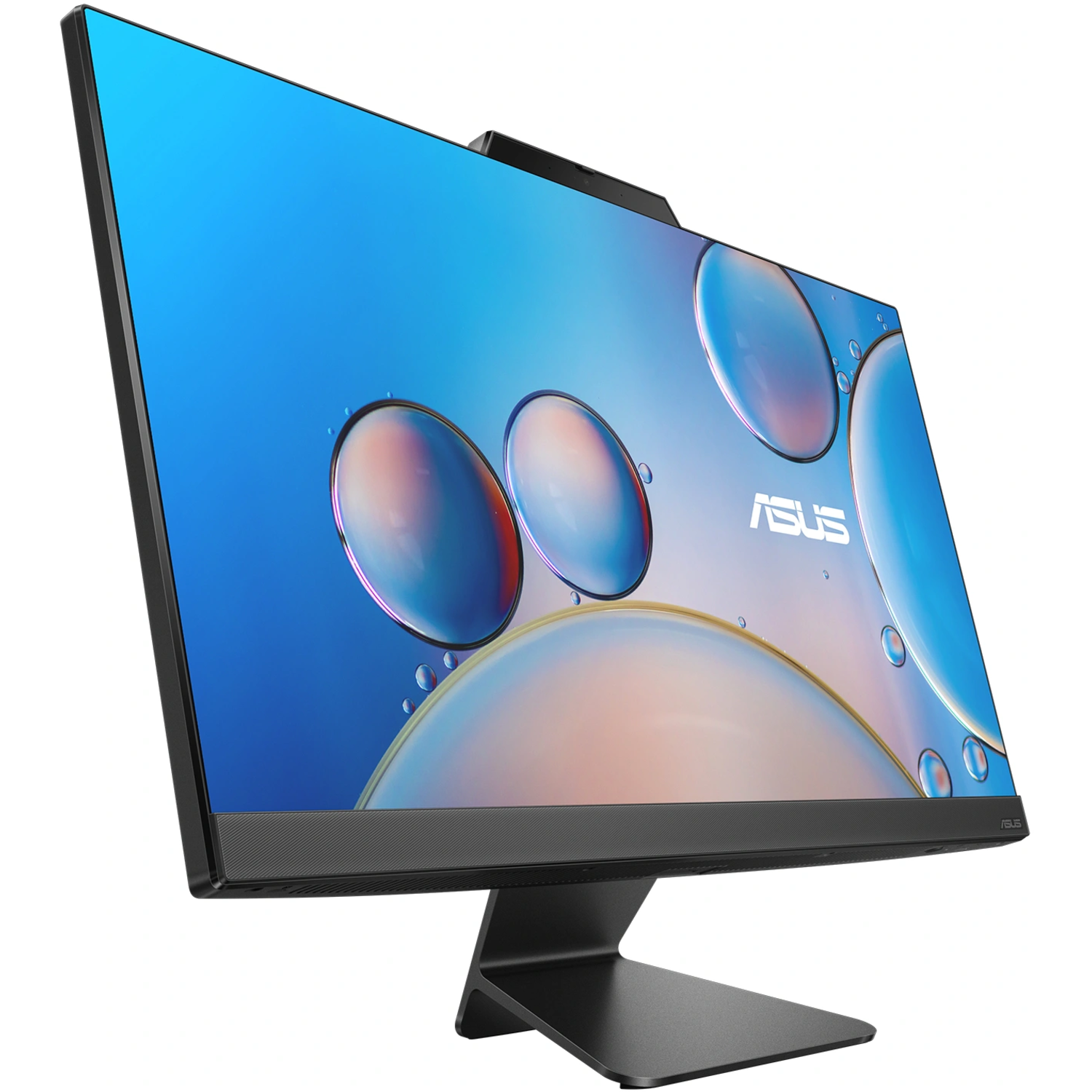 Een ASUS-monitor met een gebogen scherm en een camera bovenop.
