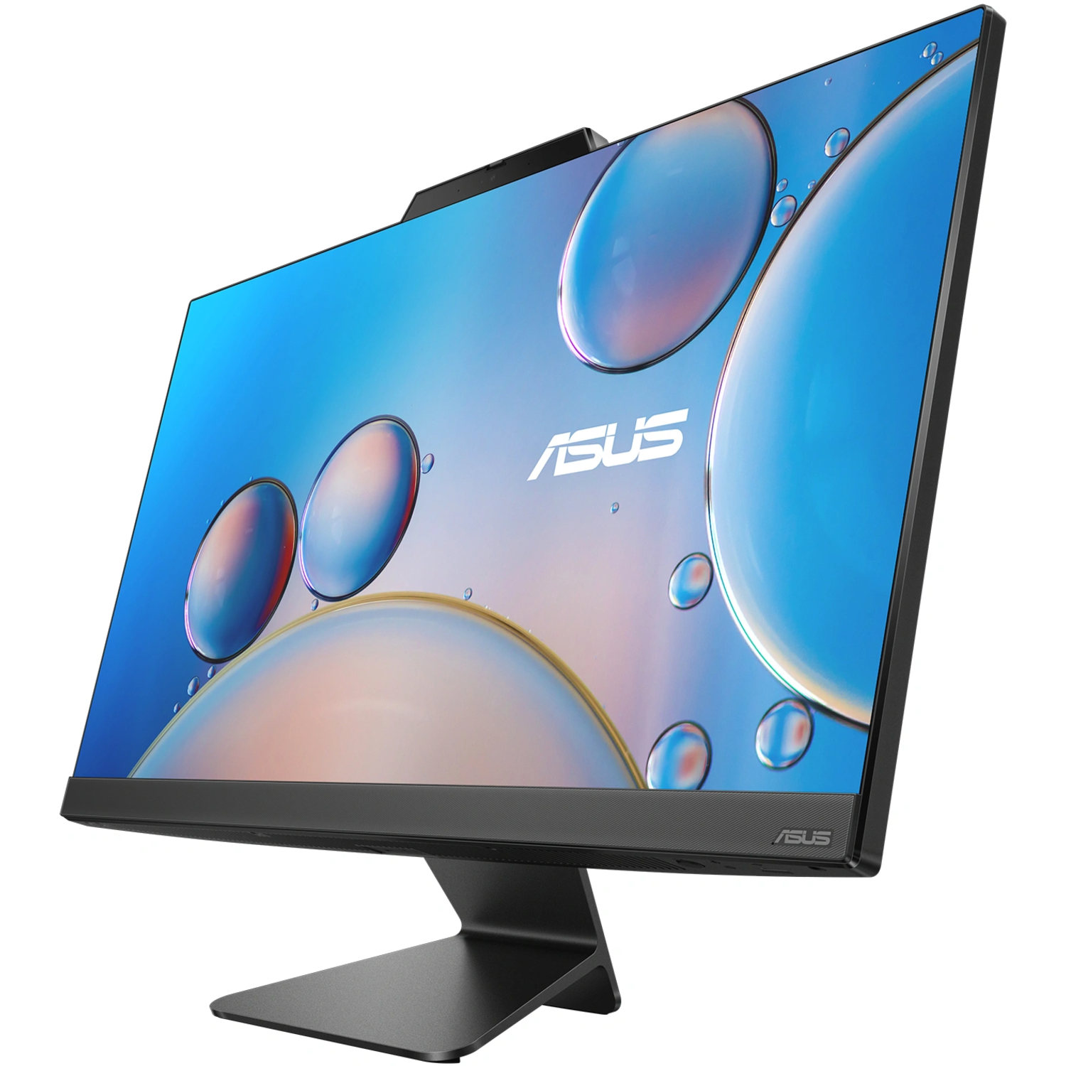 All-in-one computermonitor met een zwarte voet en een blauw-witte waterachtige achtergrond.