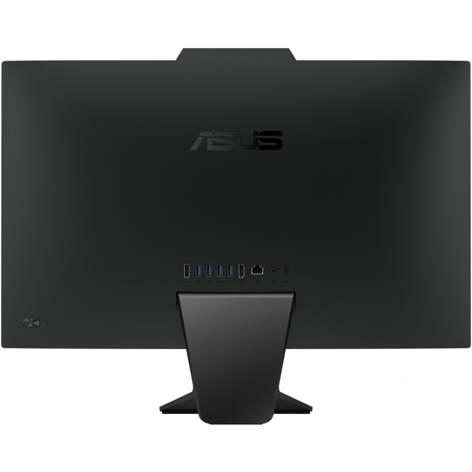 Achterkant van een zwart ASUS-computerscherm met poorten en het ASUS-logo.