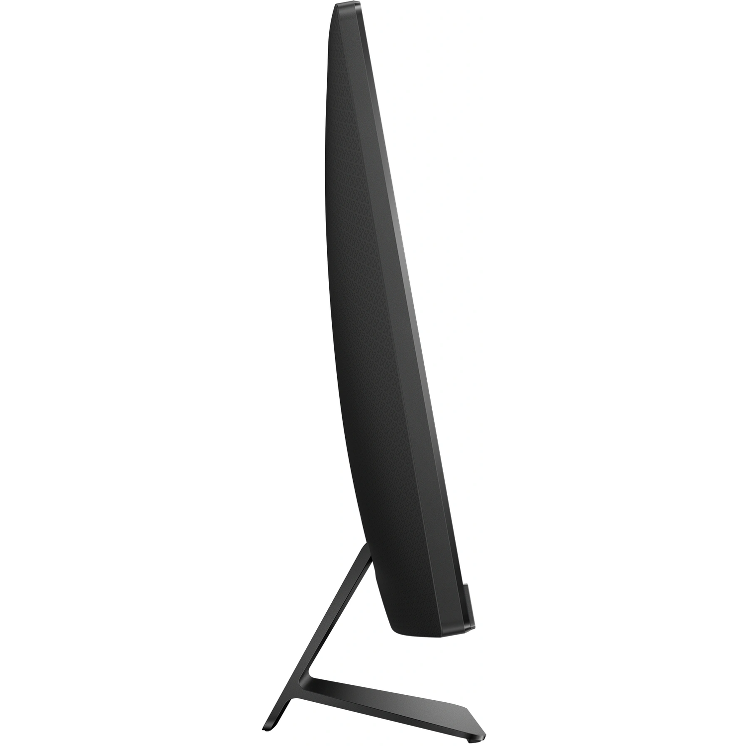 Zijaanzicht van een strakke zwarte computermonitor met een standaard. Het scherm is zwart.