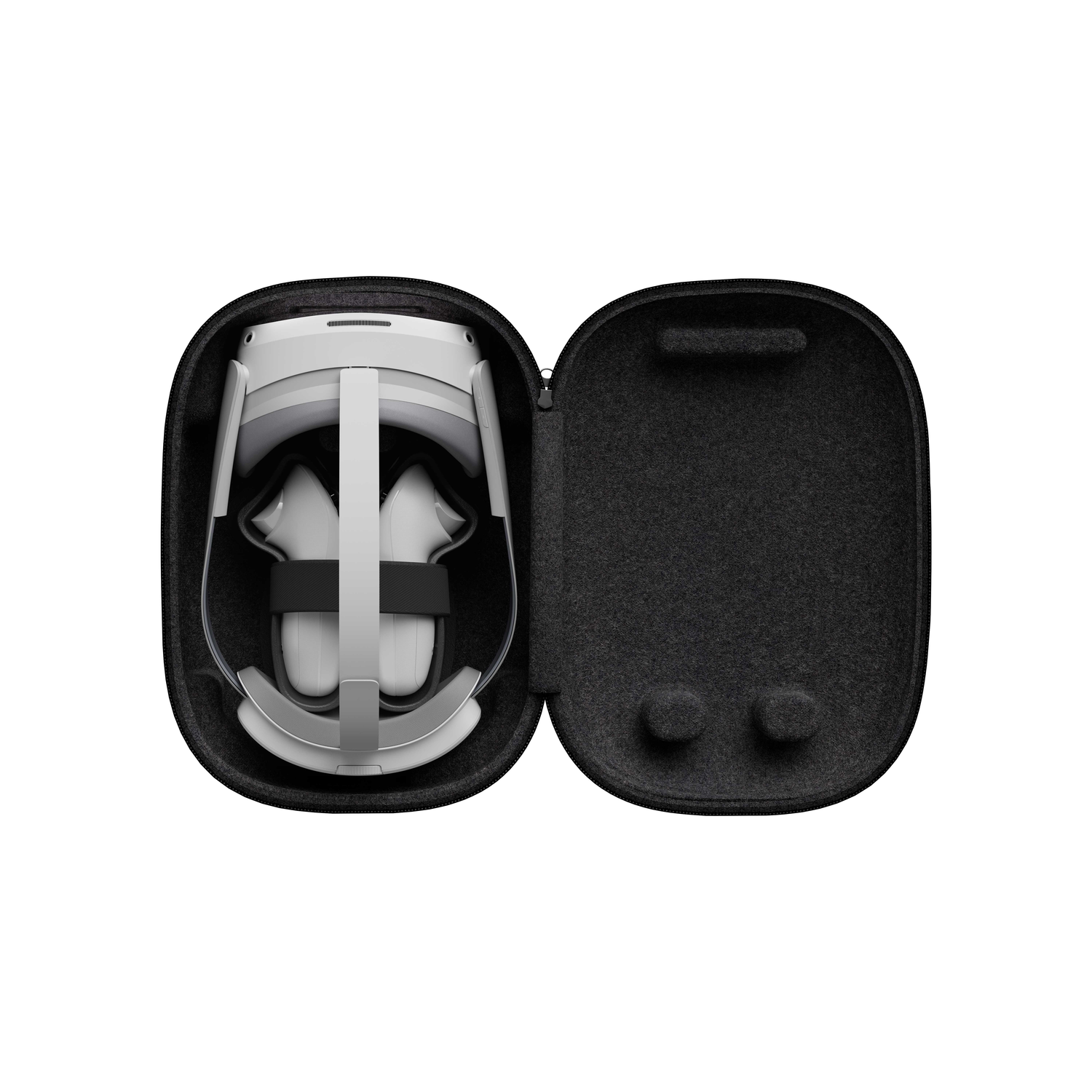 VR-headset in de opengeklapte hoes. De hoes is zwart en heeft de headset erin, klaar voor gebruik.