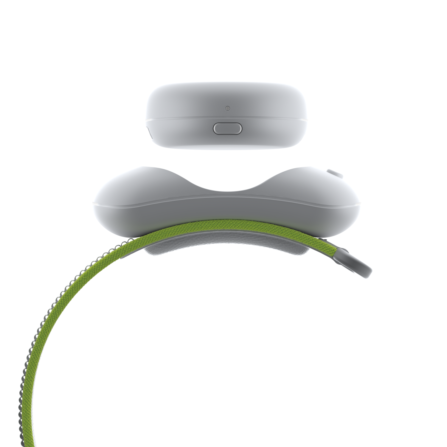 Gray device with a green strap. Another gray piece is above it.