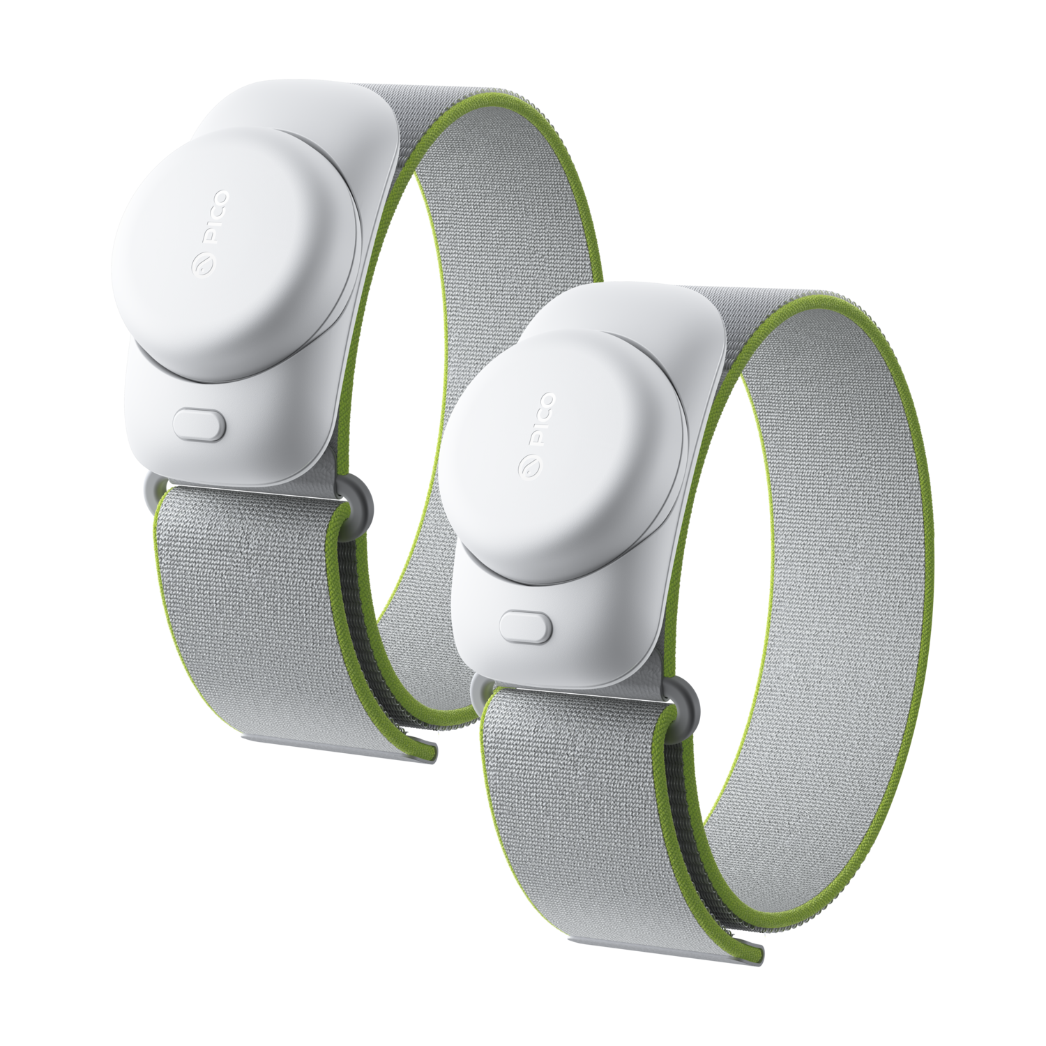 Two white wearable tech bands with gray straps and green accents.