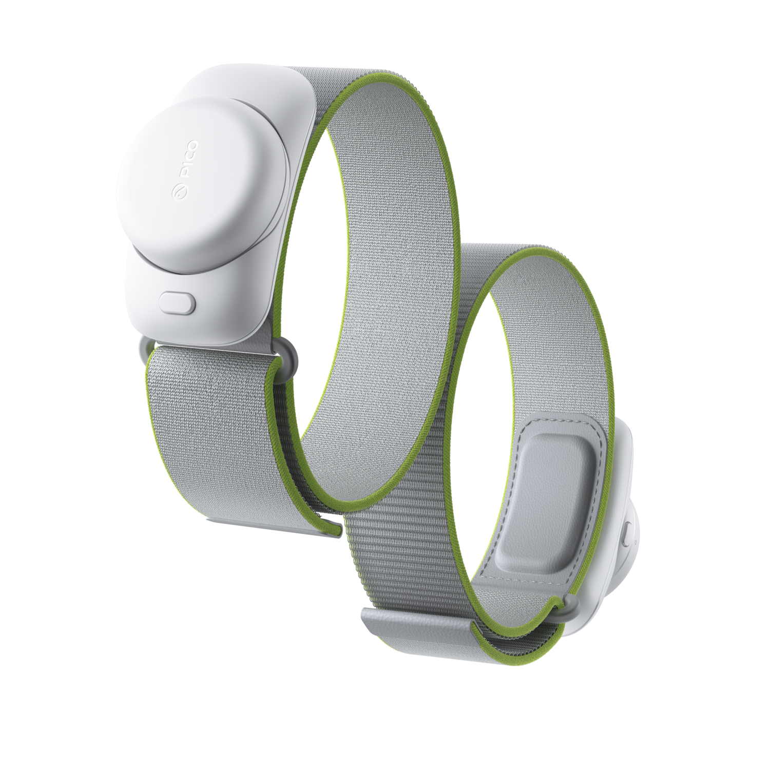 A white and gray Pico sensor attached to a gray and green strap.