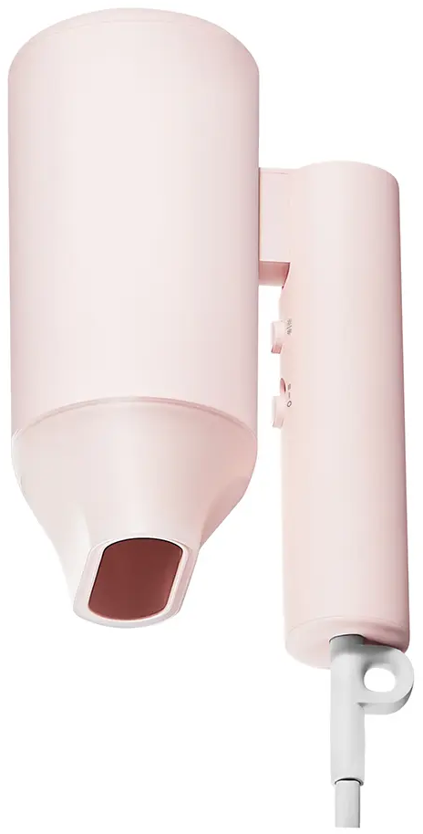 Un asciugacapelli rosa su sfondo bianco. Ha un corpo cilindrico, un ugello e un'impugnatura con pulsanti di controllo.