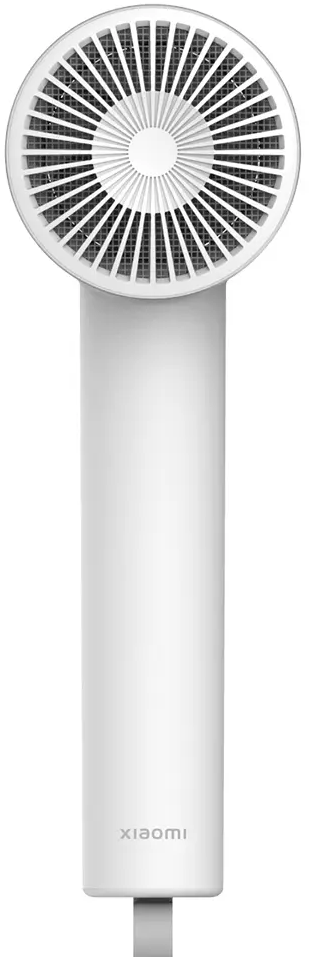 Weißer Handhaartrockner mit rundem Kopf und langem Griff.