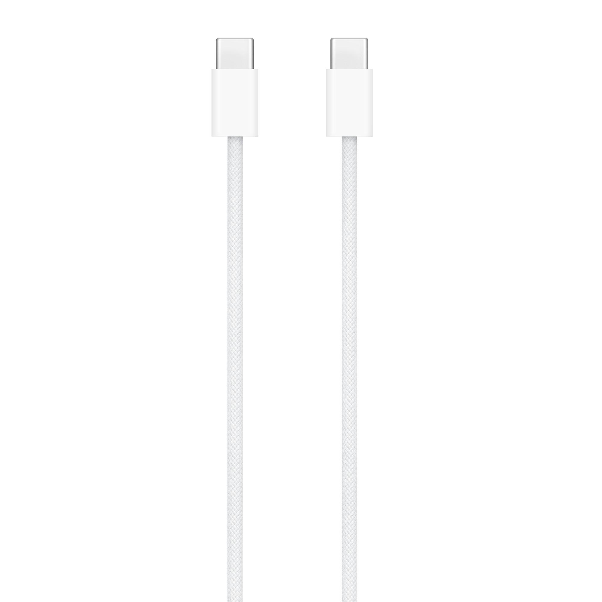 Zwei weiße USB-C-Kabel mit weißen Steckern nebeneinander auf weißem Hintergrund.