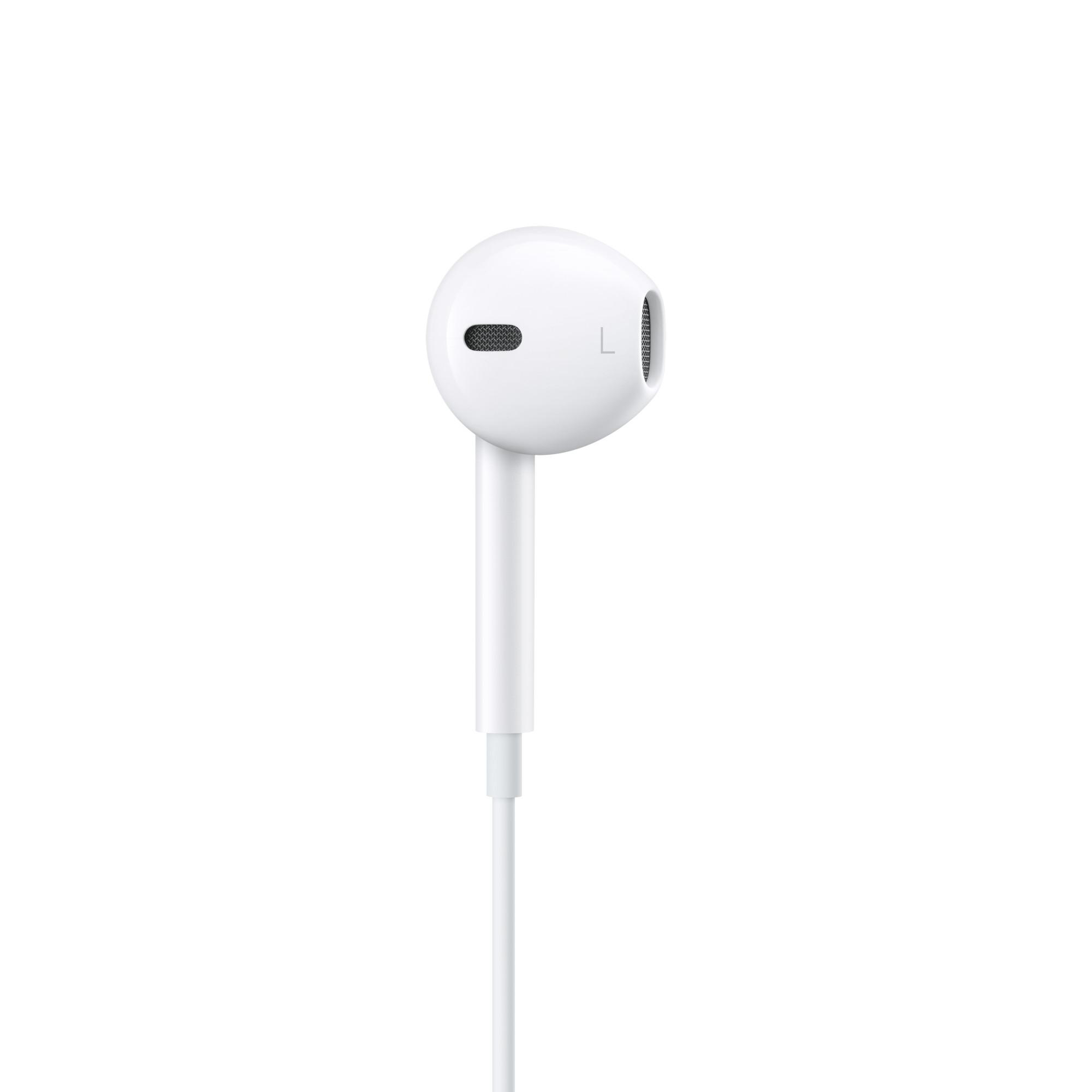 Weißer Ohrhörer mit weißem Kabel, isoliert auf weißem Hintergrund.