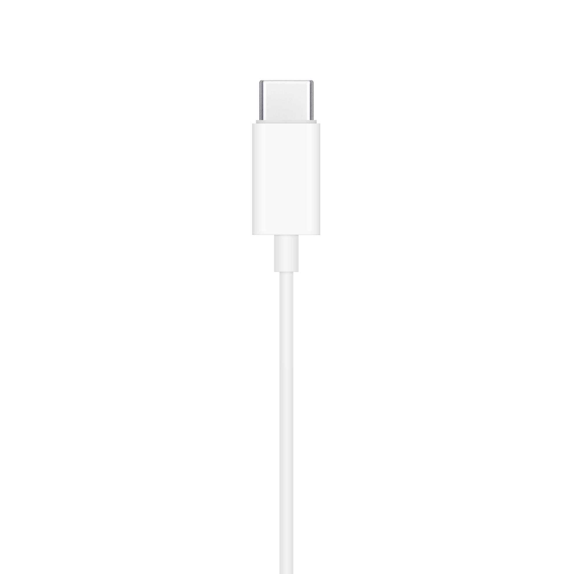 Weißes USB-C-Kabel mit weißem Stecker auf weißem Hintergrund.