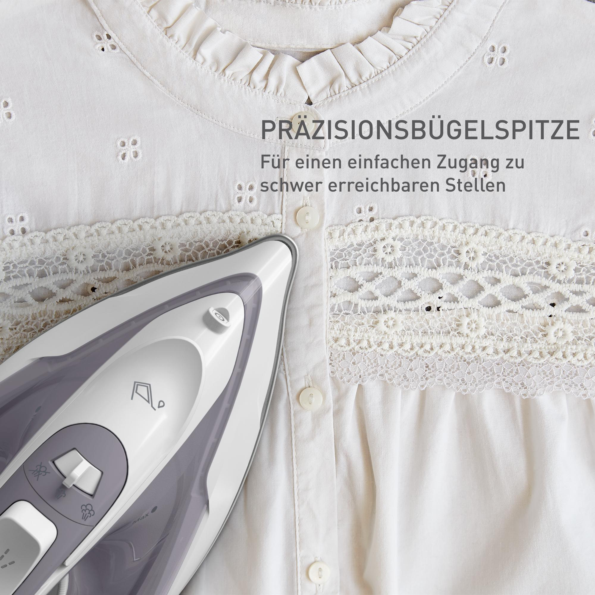 Ein Bügeleisen liegt auf einem weißen Hemd. Text: 'Präzisionsbügelspitze' für Bereiche.