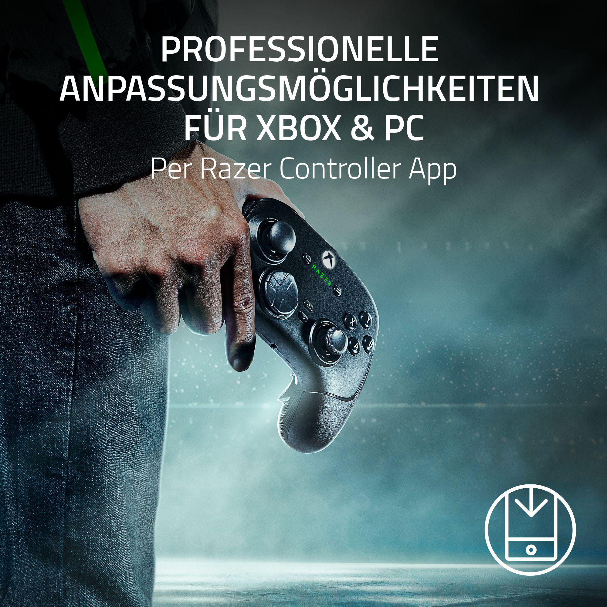 Person hält schwarzen Razer-Controller. Text: Professionelle Anpassung für Xbox & PC. Weißer Hintergrund.