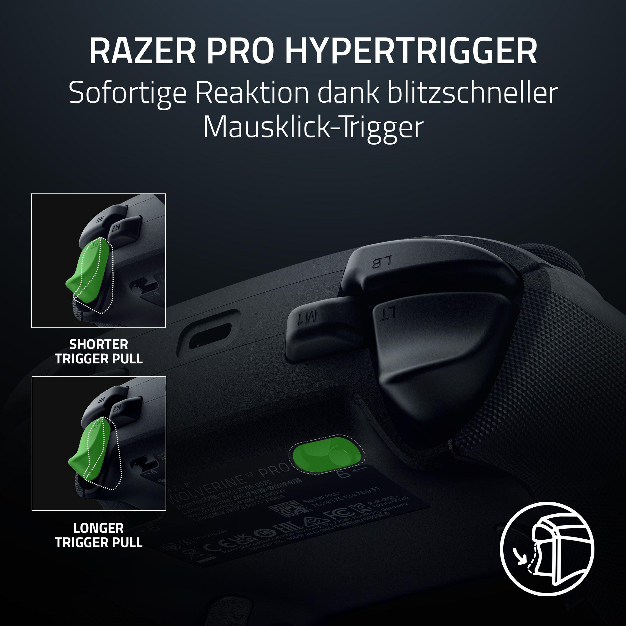 Controller mit hervorgehobenen grünen Triggertasten. Text zeigt kürzere und längere Zugoptionen.
