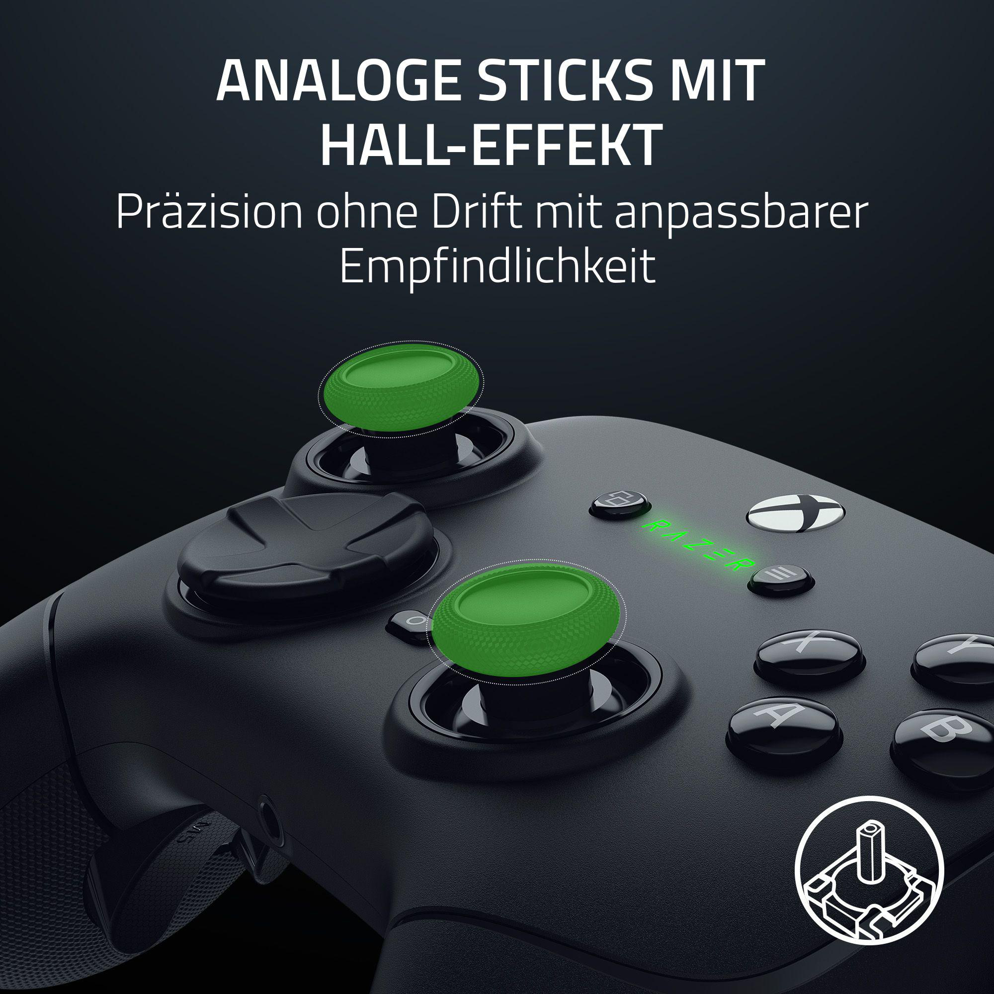 Schwarzer Controller mit grünen Thumbsticks und Tasten, Text auf Deutsch.