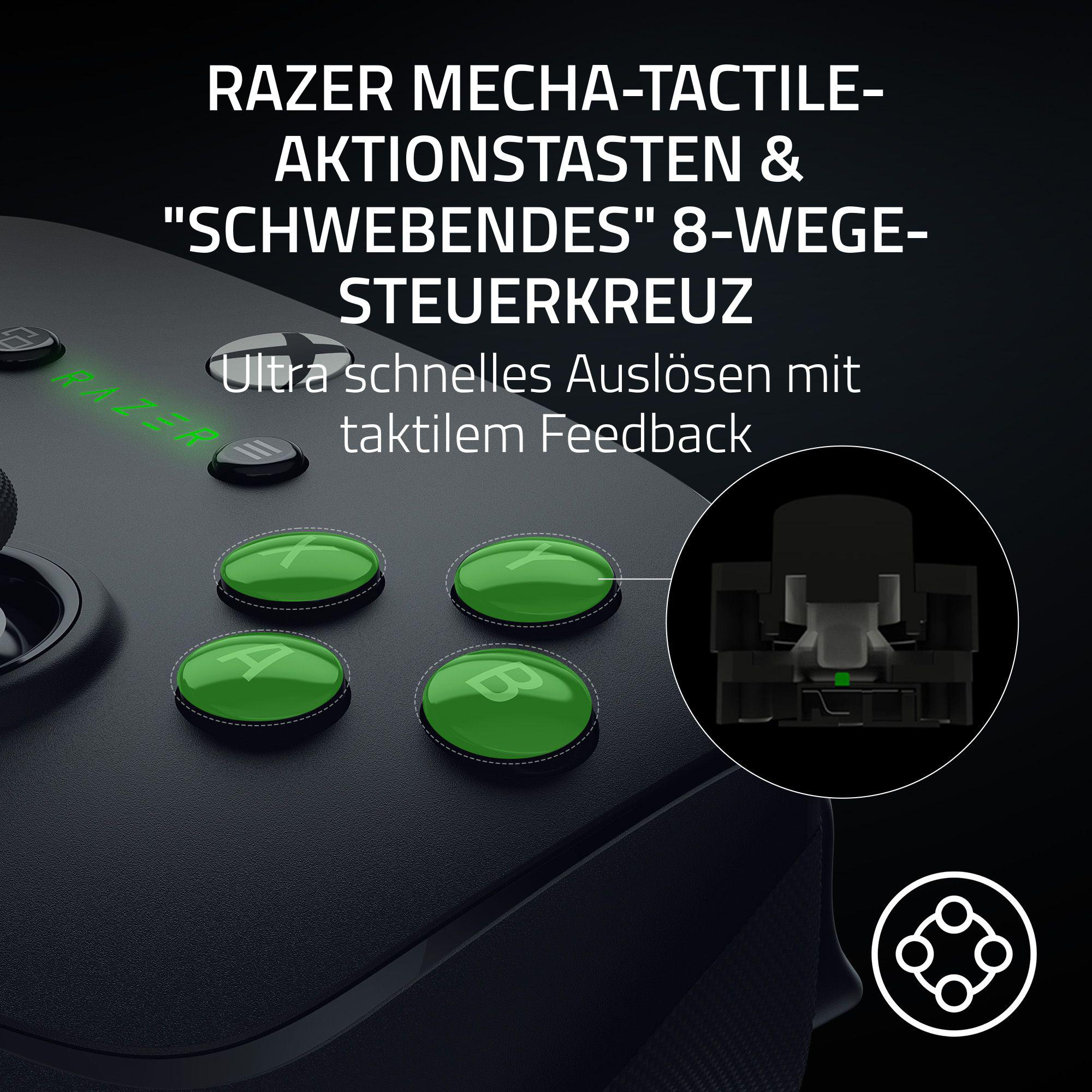 Nahaufnahme eines Gamepads mit grünen Knöpfen. Der Text hebt Razer-Funktionen hervor.
