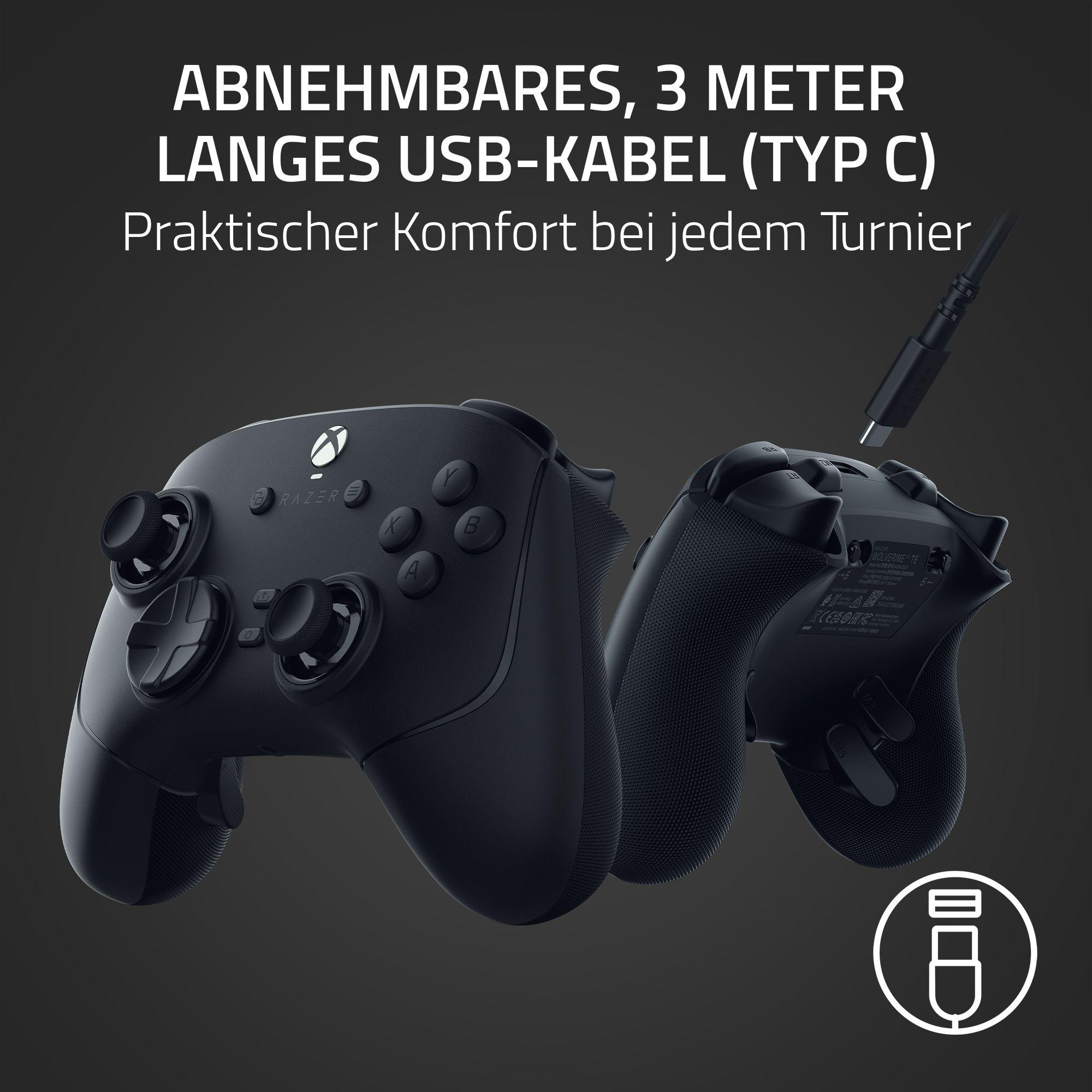 Zwei schwarze Gamecontroller mit USB-Kabel und Text über ihre Funktionen.