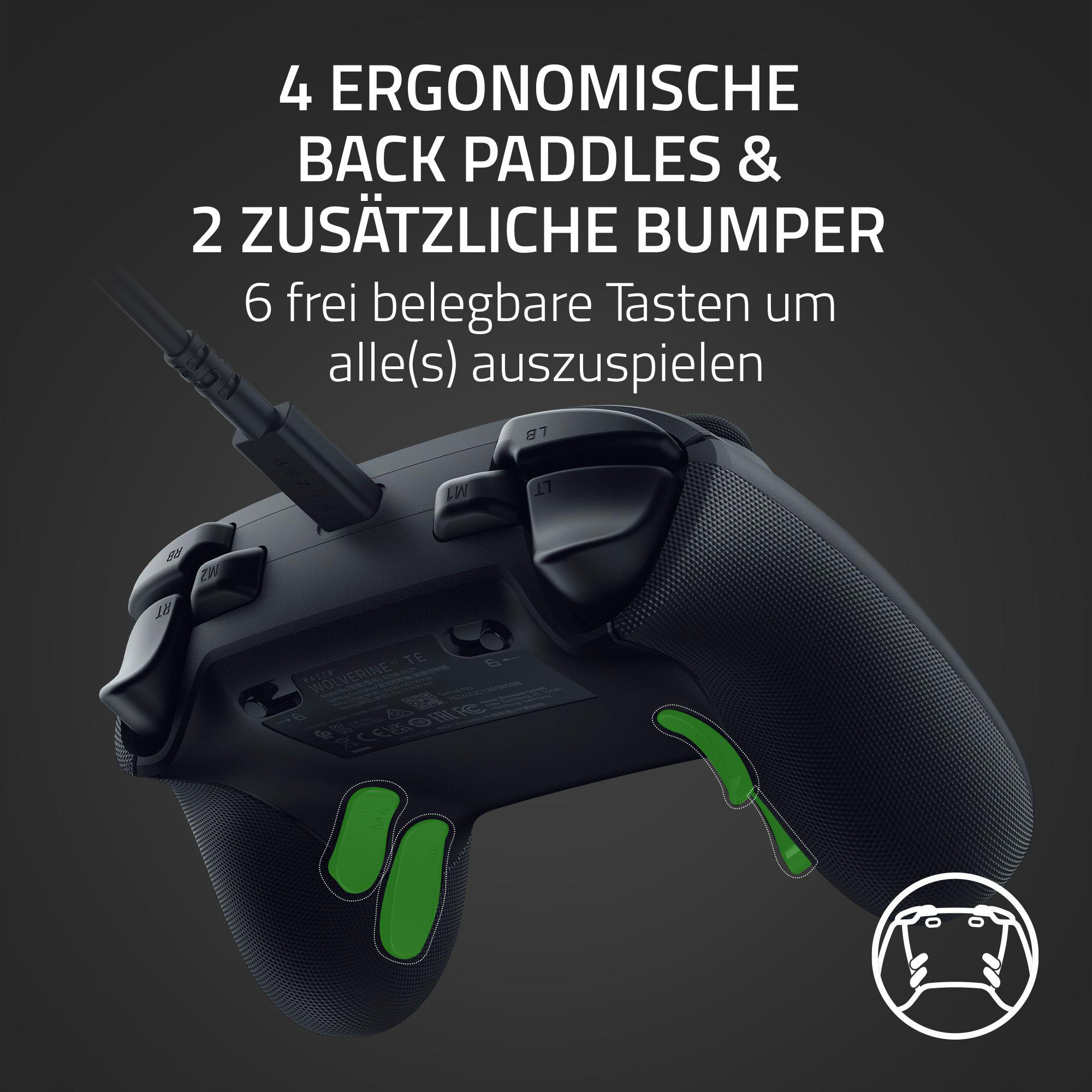 Schwarzes Gamepad, Rückansicht, mit grünen Akzenten und Text, auf dunklem Hintergrund mit Textüberlagerung.