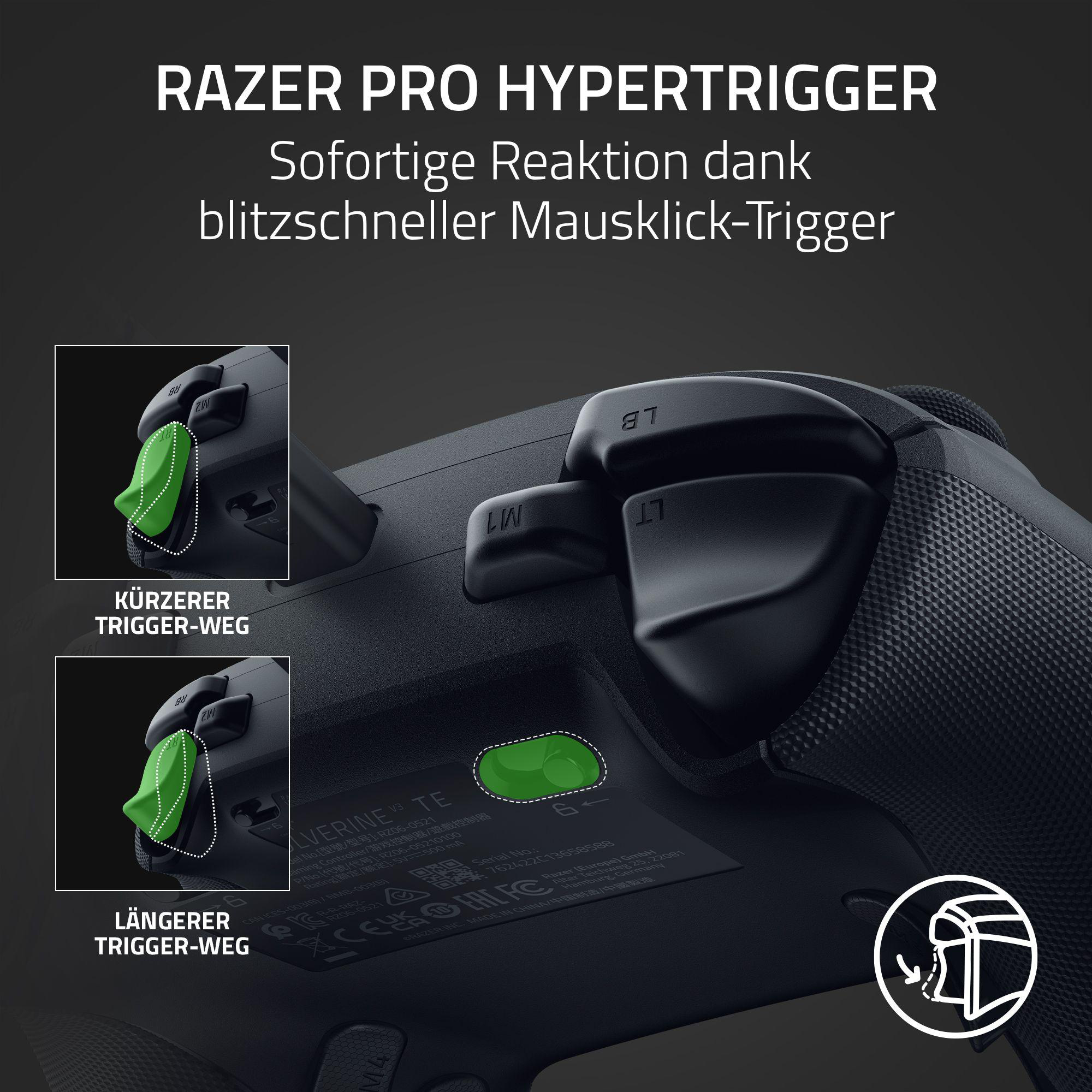 RAZER PRO HYPERTRIGGER-Controller mit kürzeren und längeren Trigger-Wegen. Grüne Triggertasten hervorgehoben.