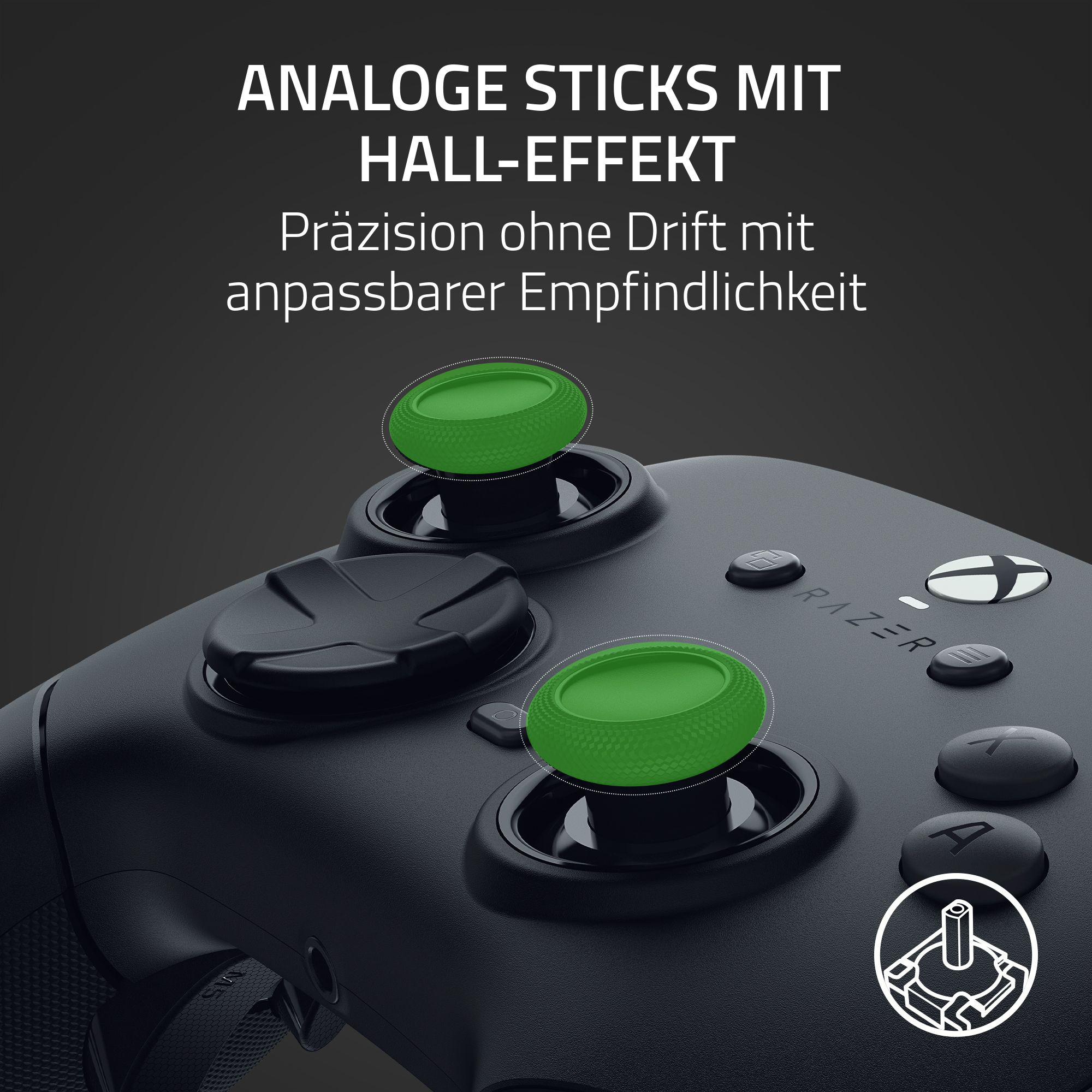Nahaufnahme eines Gaming-Controllers mit zwei grünen Daumensticks. Text: Analogsticks mit Hall-Effekt.