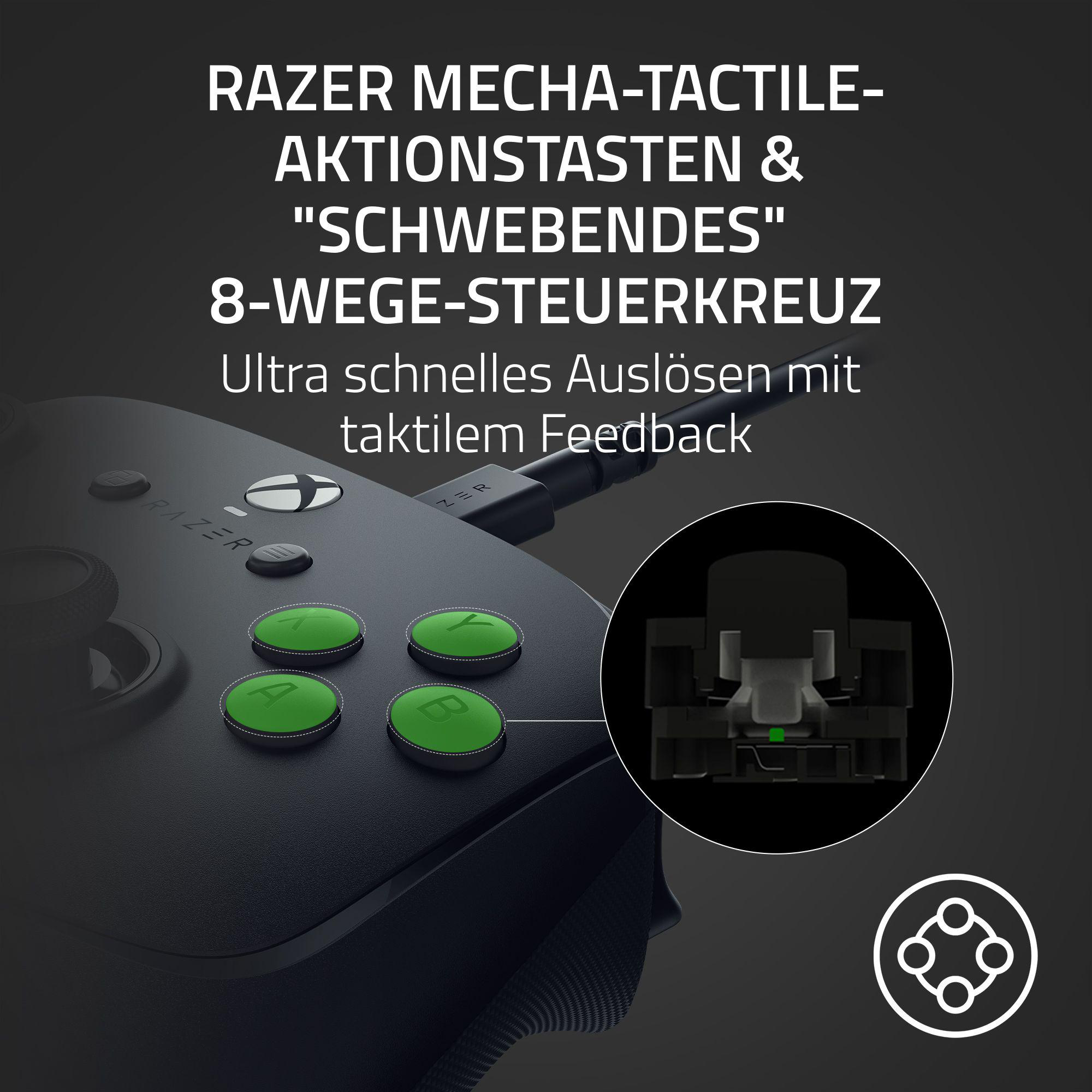 Schwarzer Razer-Controller mit grünen Knöpfen und Nahaufnahme des Schaltmechanismus.