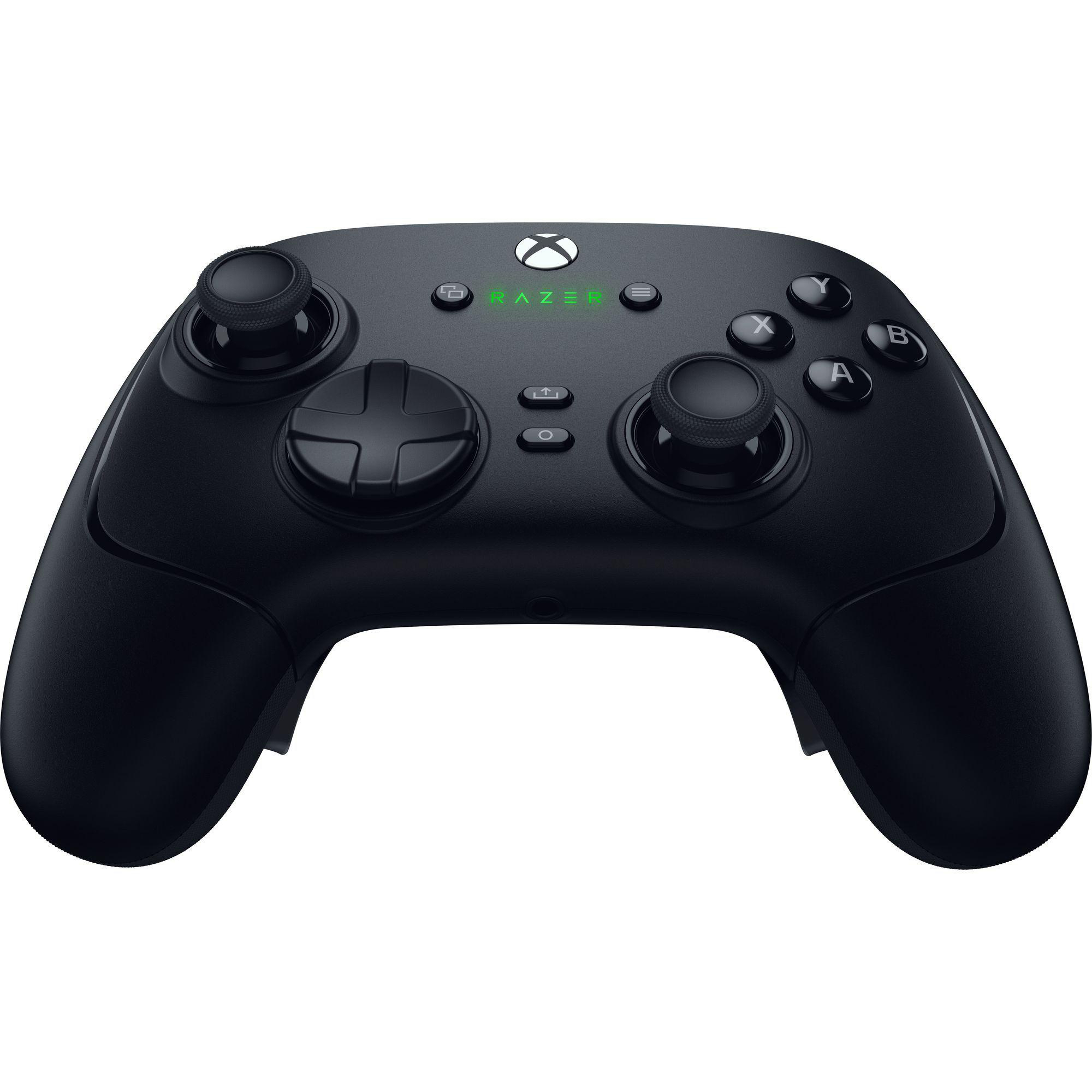 Schwarzer Razer Xbox-Controller mit Knöpfen, Joysticks und Logo.