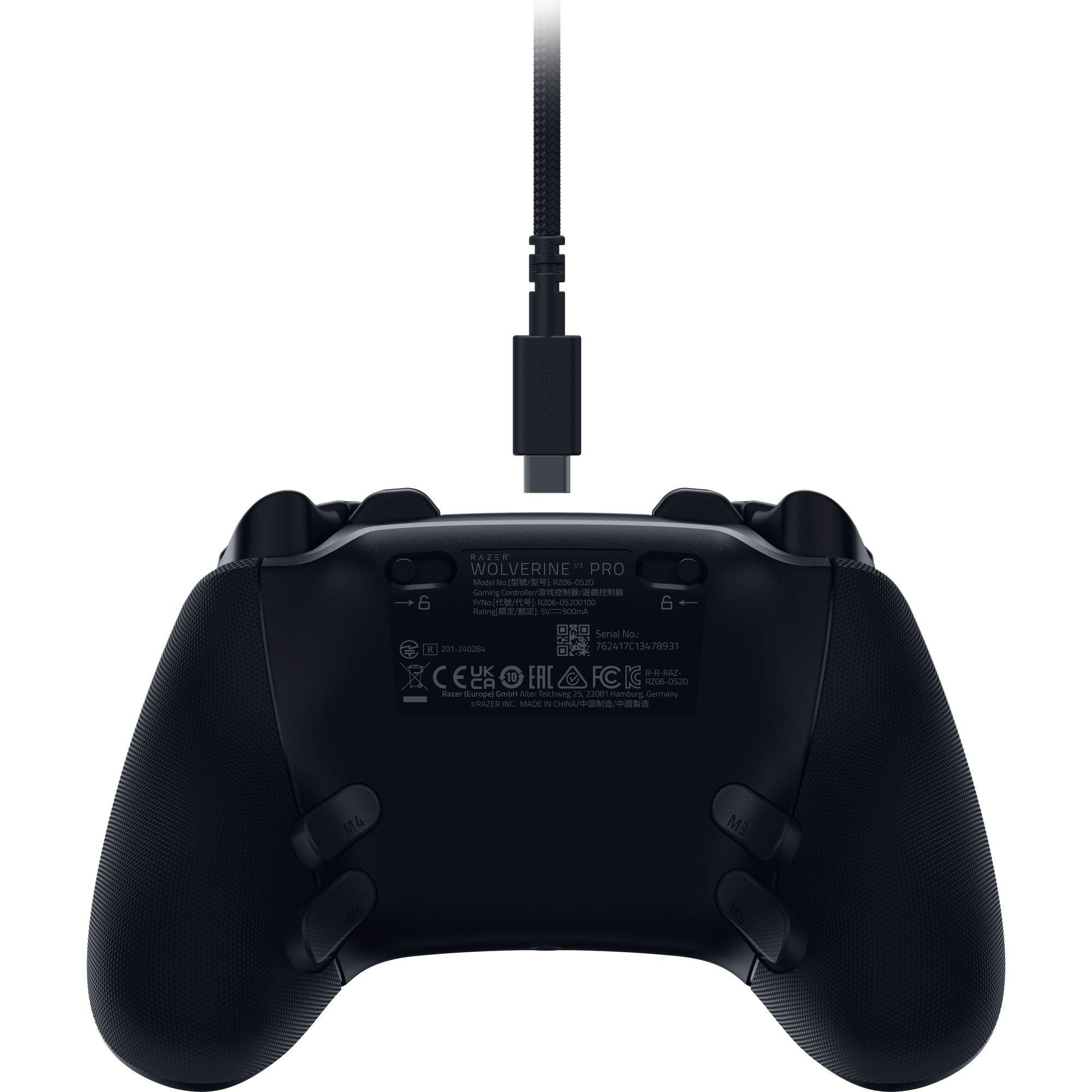 Schwarzer Razer Wolverine V2 Pro Controller, mit USB-C-Kabel. Rückansicht.