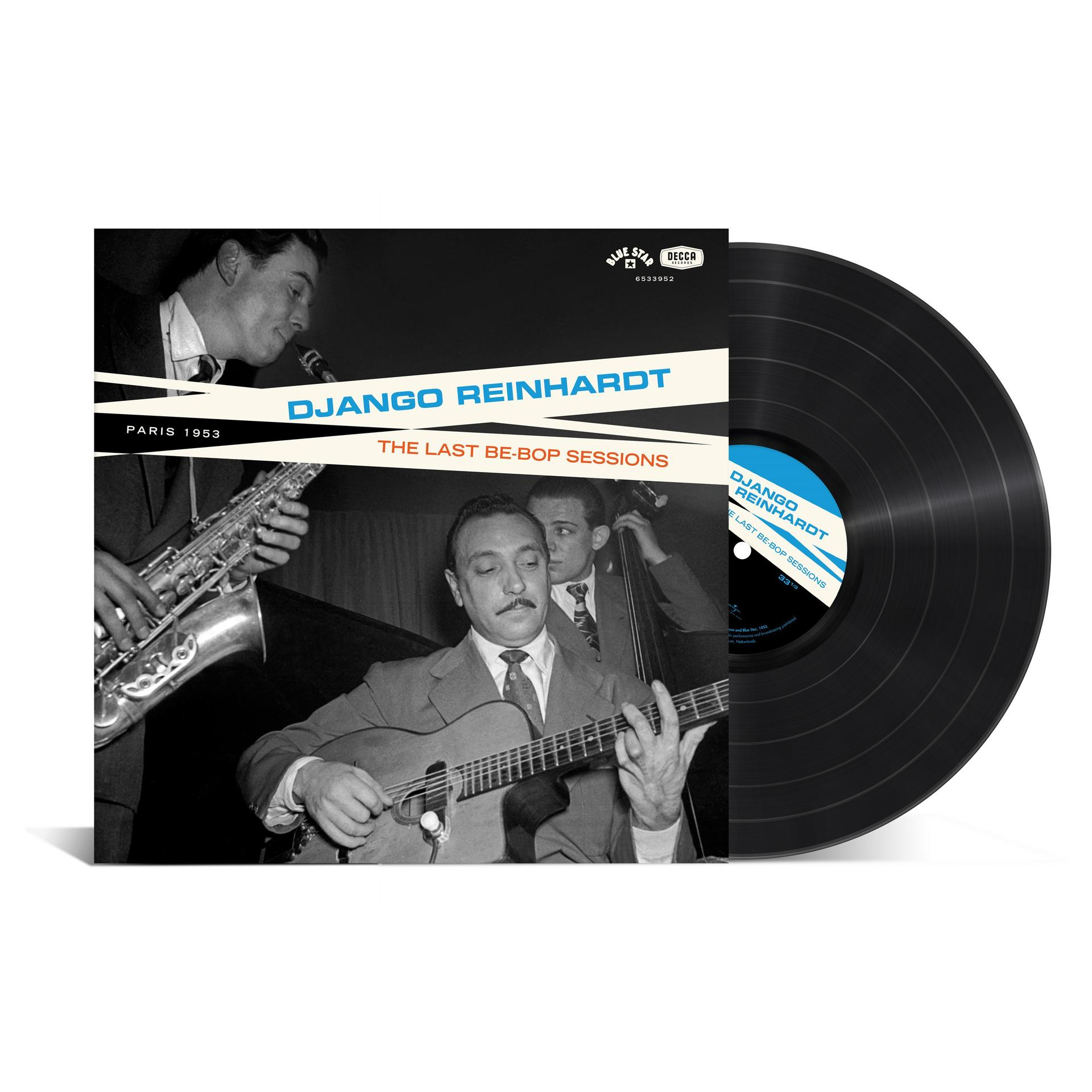 Albumcover: Django Reinhardt spielt Gitarre, Band spielt, Schallplattenschild und Vinylplatte.