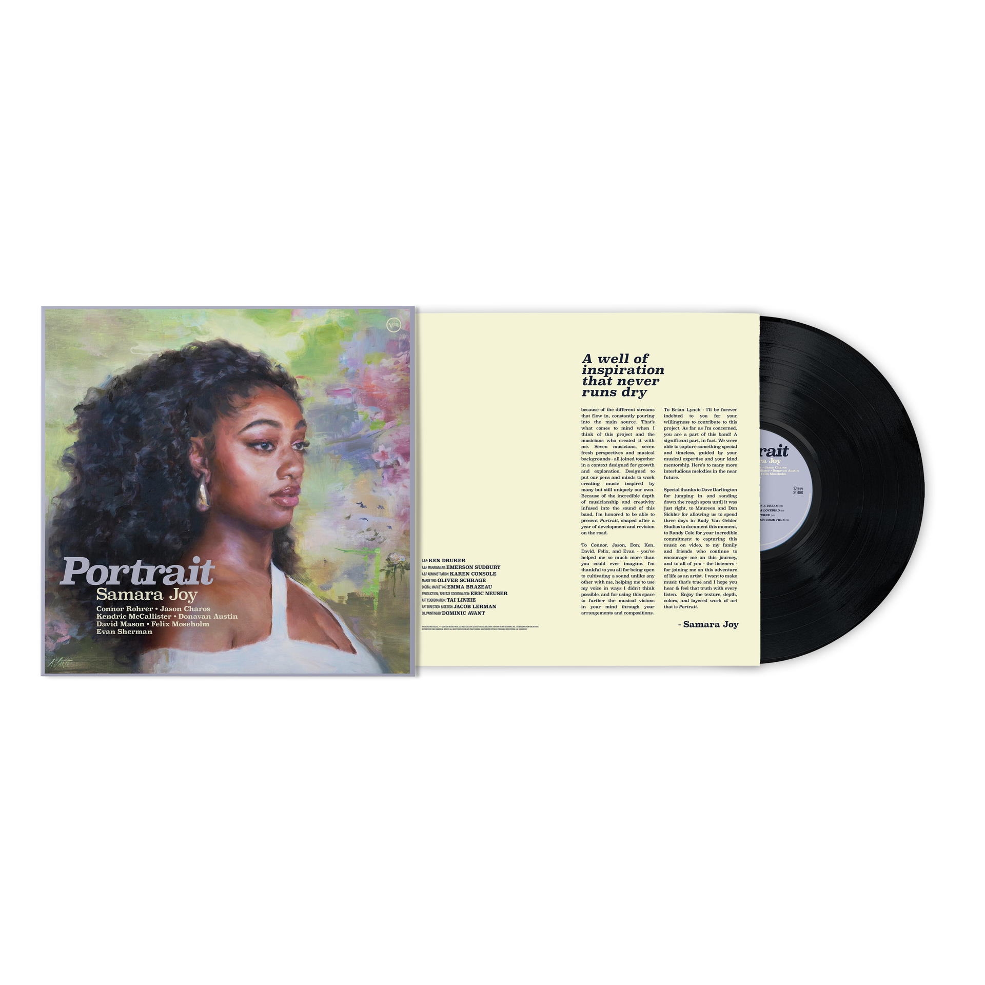 Albumcover für 'Portrait' von Samara Joy. Enthält ein Portraitfoto mit einer schwarzen Vinylplatte.