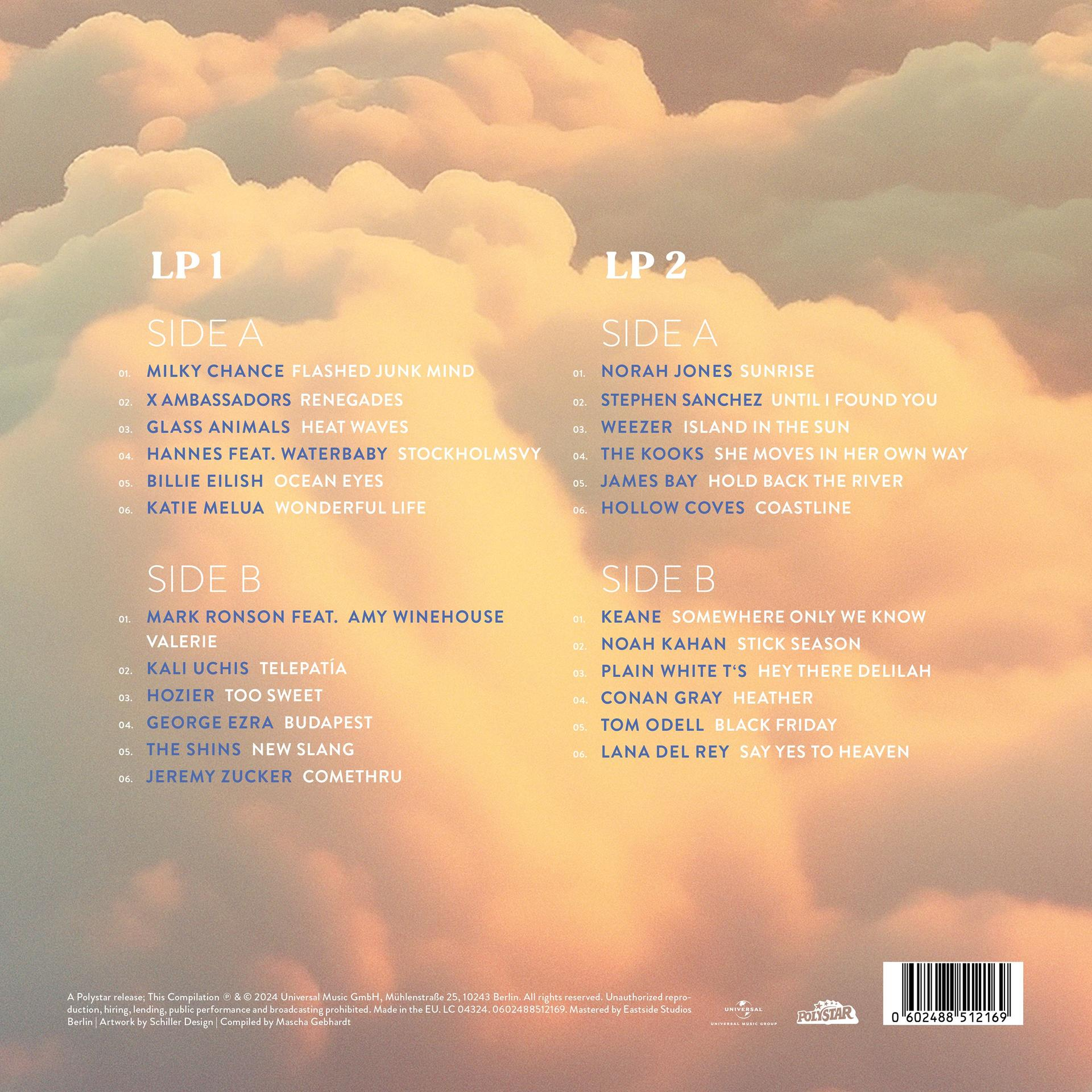 Albumcover mit Titellisten für LP 1 und LP 2, auf einem bewölkten Himmel.