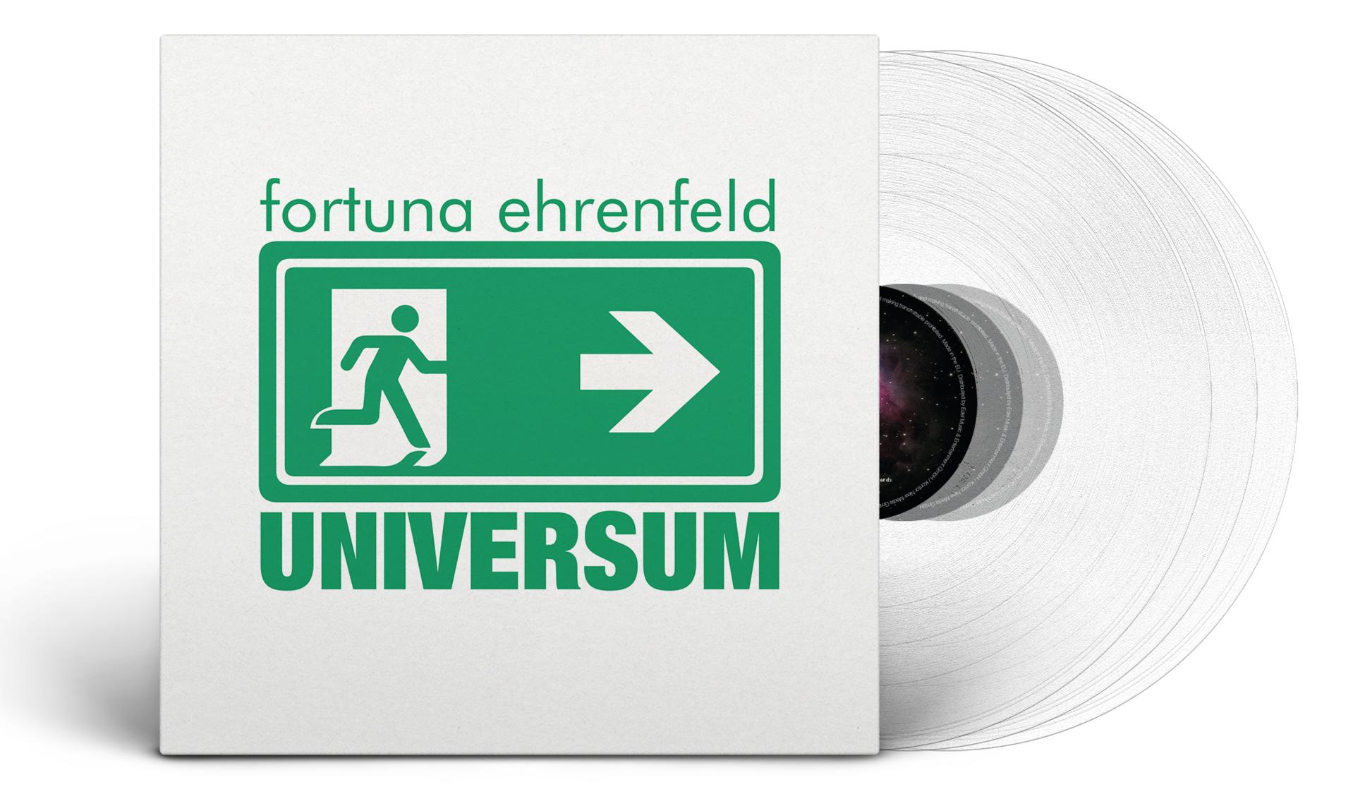 Albumcover mit grünem Text 'fortuna ehrenfeld UNIVERSUM' und einem Ausgangsschild. Das Vinyl ist klar.