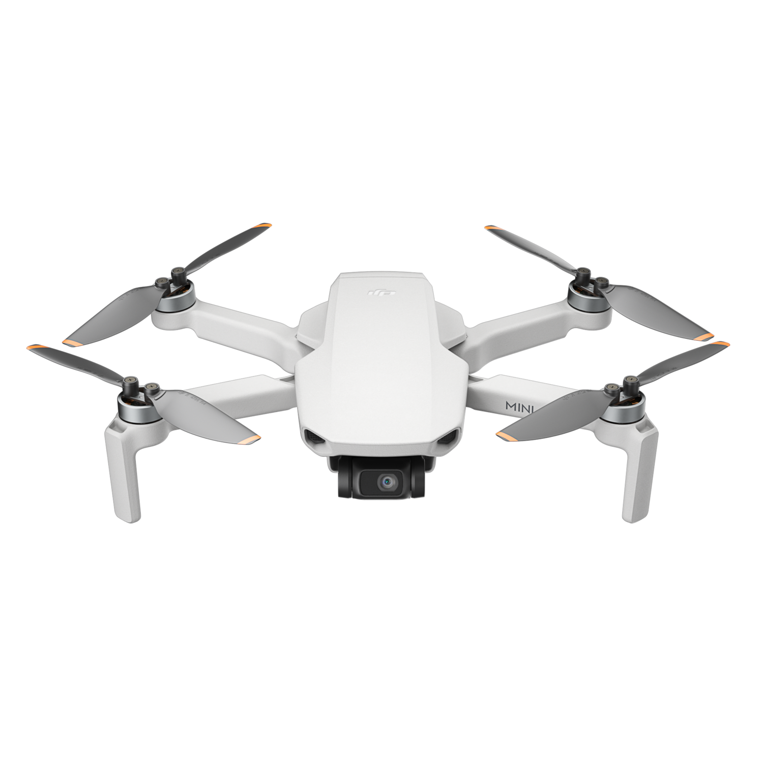 Witte drone met vier propellers en een camera, tegen een zwarte achtergrond.