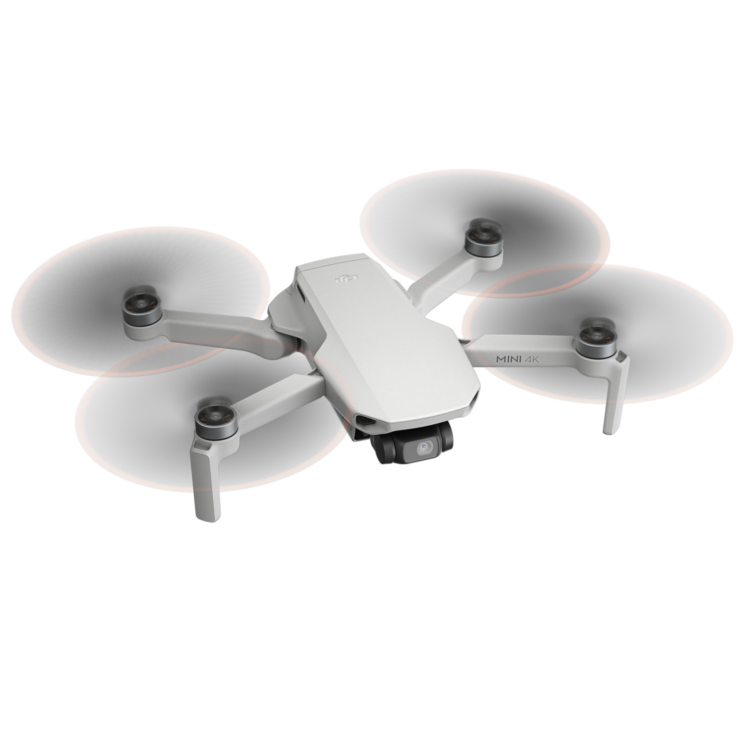 Een witte drone met vier propellers en een camera, iets omhoog gekanteld.