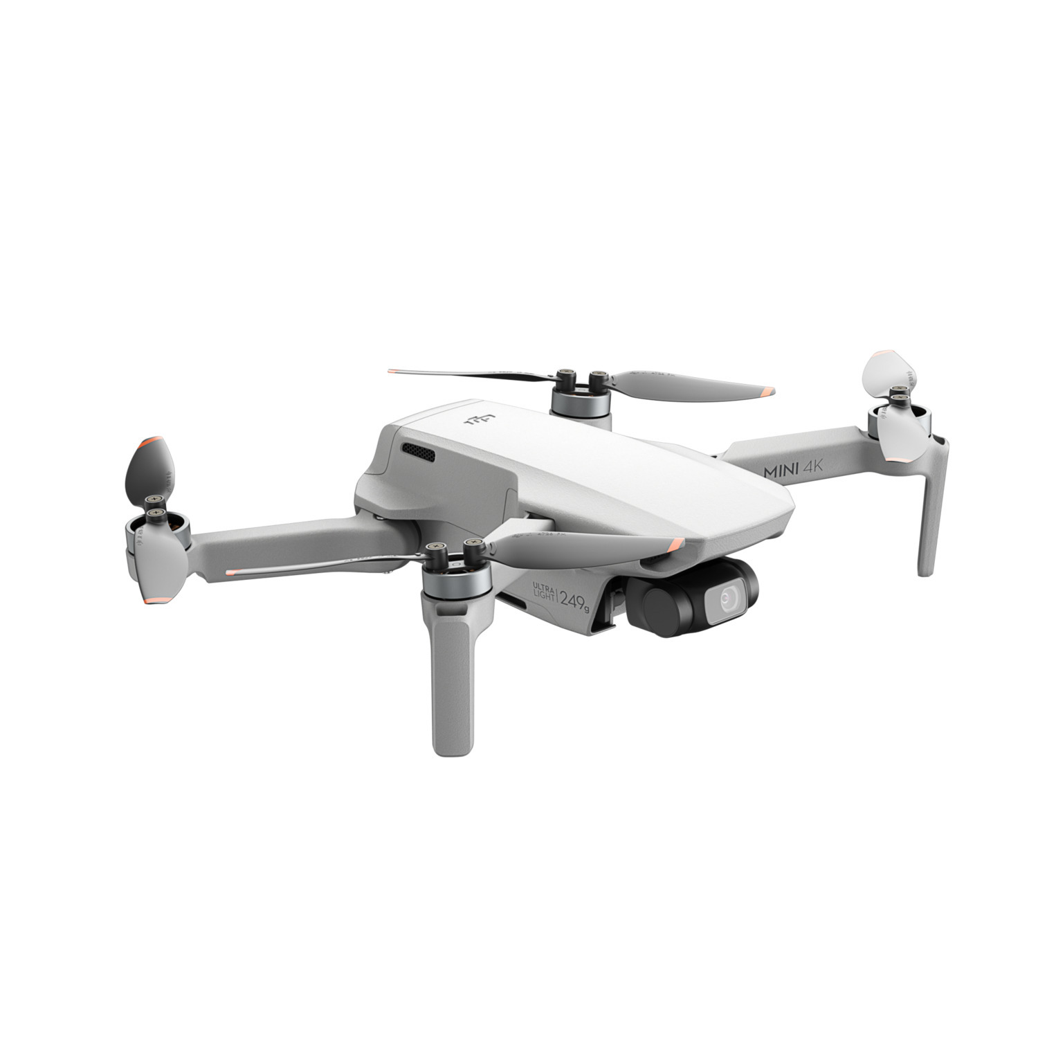 Grijze en witte drone met 4 propellers en een camera.