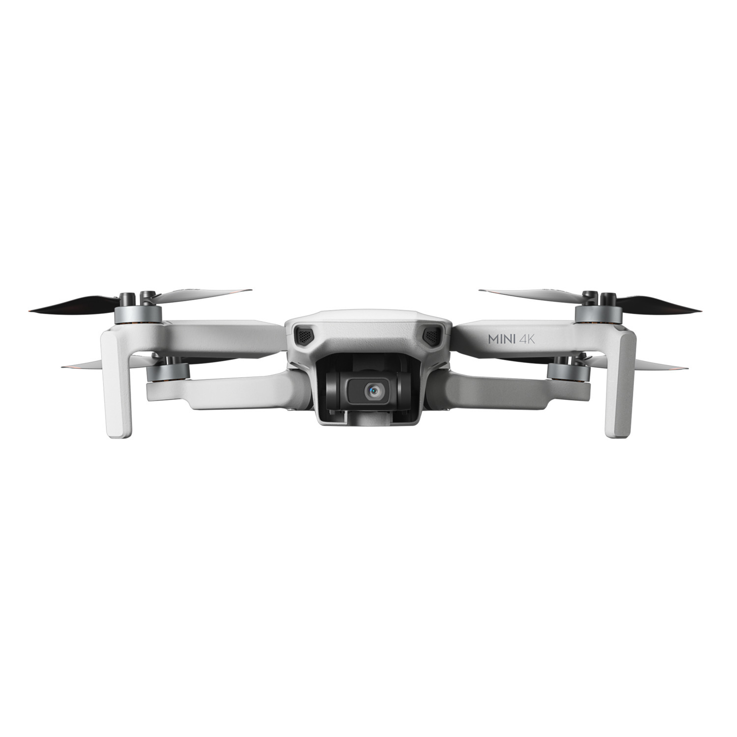Witte drone met camera en propellers, naar voren gericht, tegen een witte achtergrond.