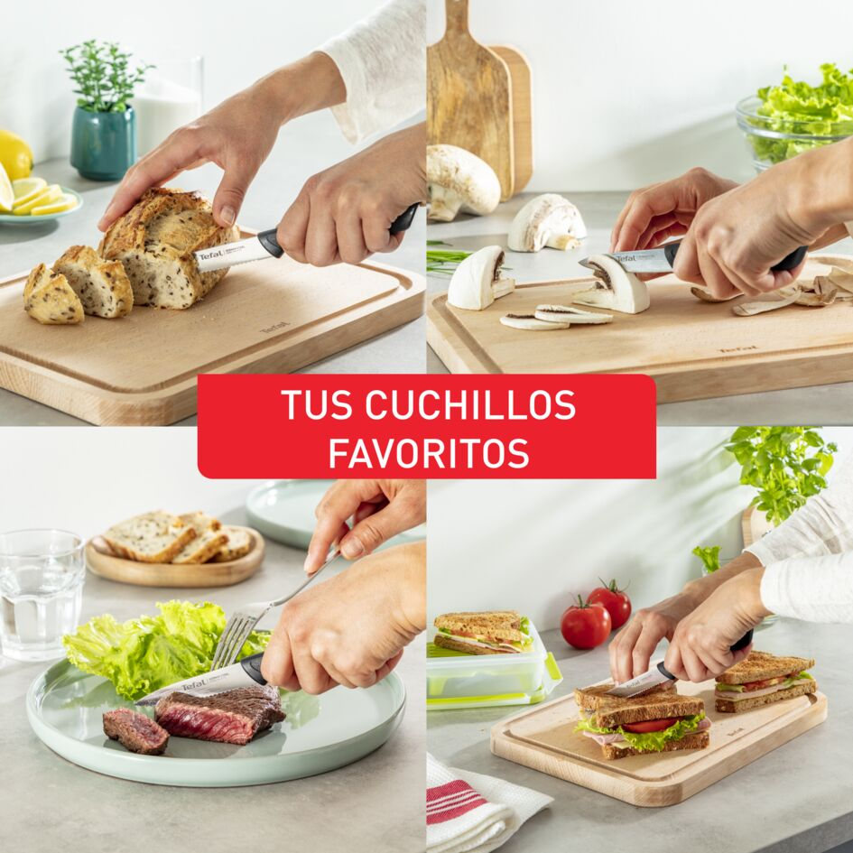 Cuatro imágenes de personas cortando alimentos con cuchillos Tefal en tablas de cortar. Pan, champiñones.