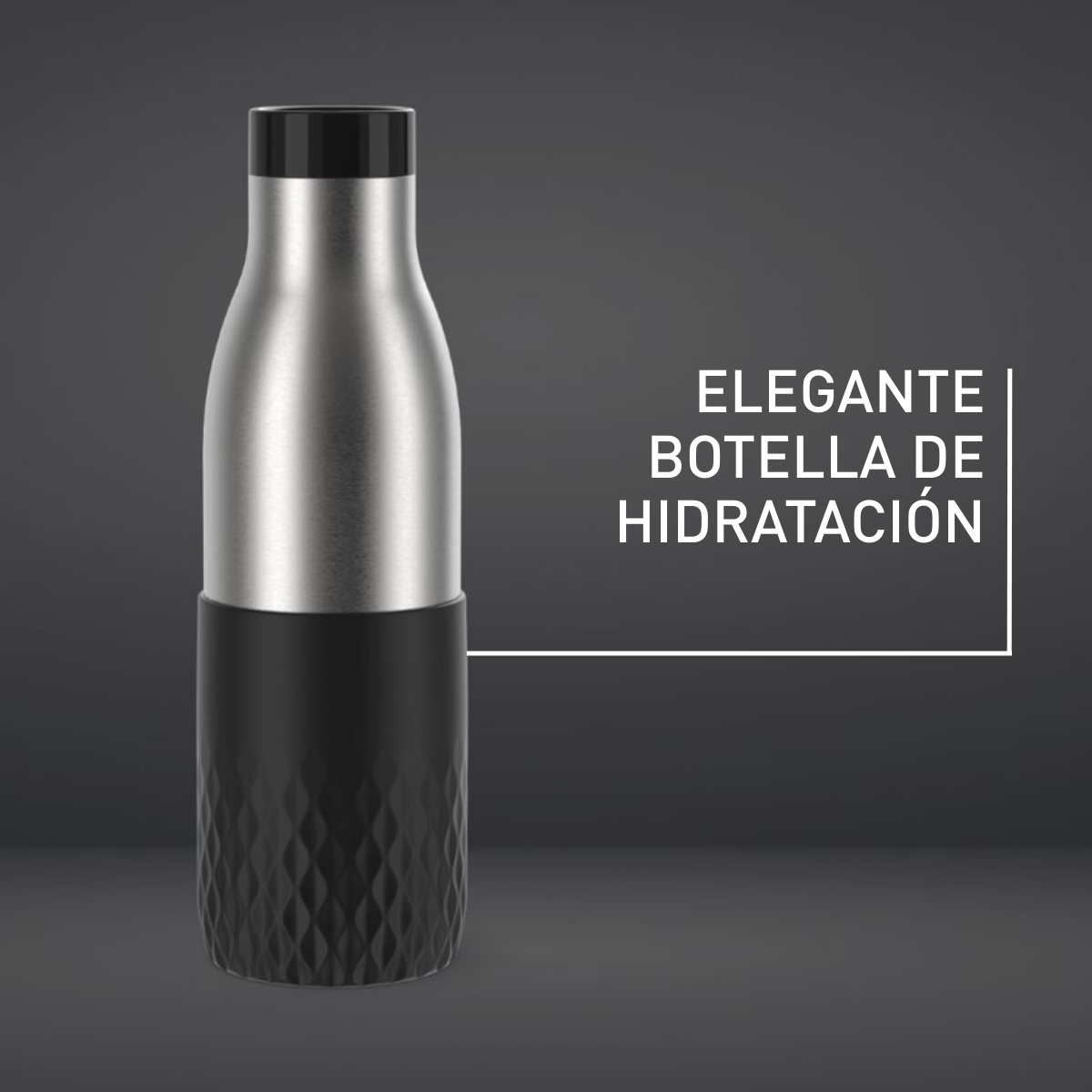 Una botella de agua negra y plateada con texto: ELEGANTE BOTELLA DE HIDRATACIÓN. Fondo negro.