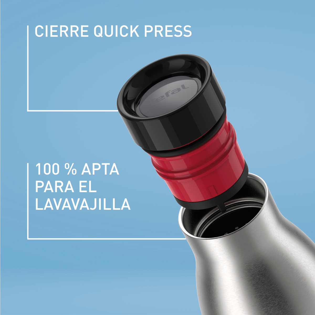 Botella de agua. La tapa es negra y roja. La botella es de acero inoxidable. El texto indica apto para lavavajillas.