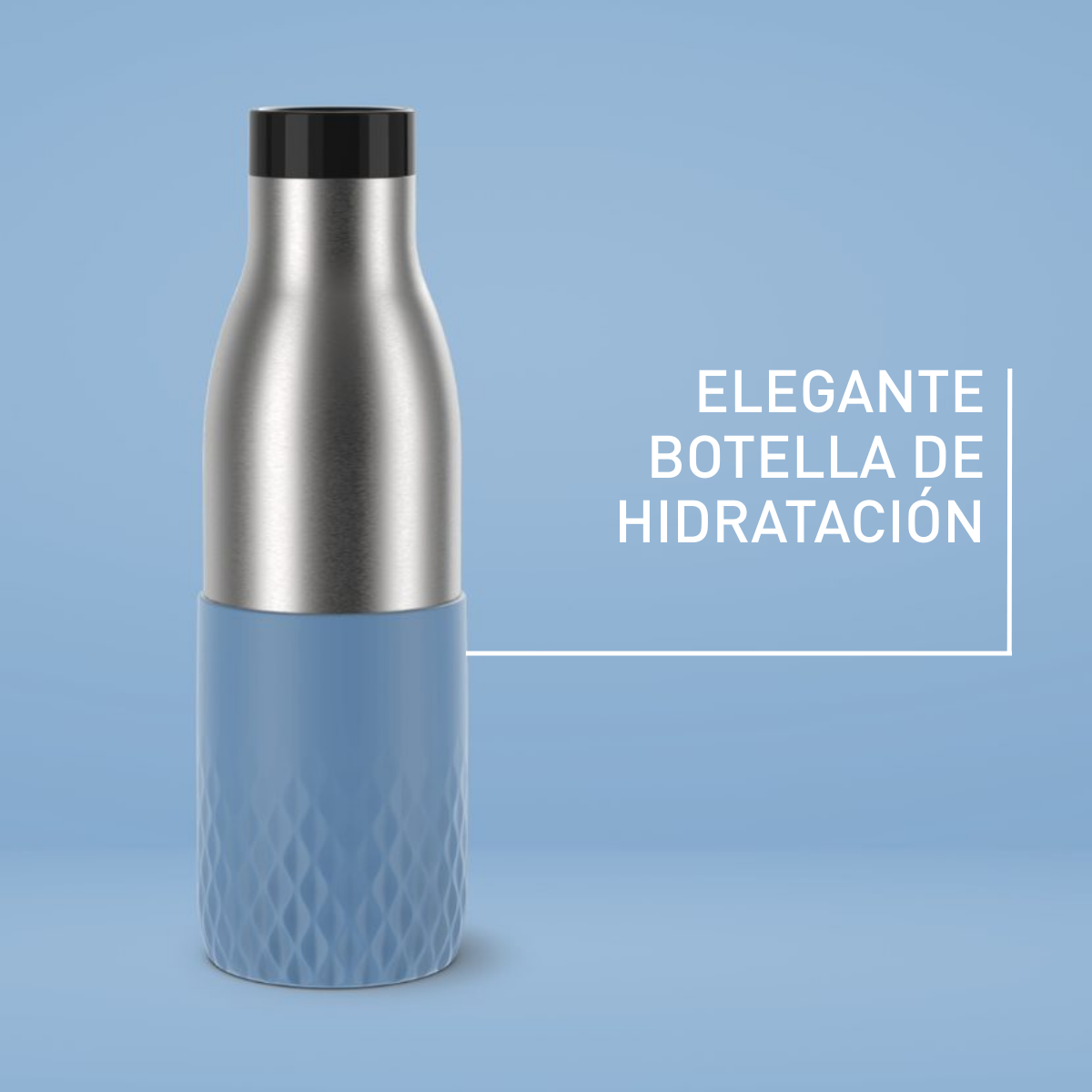 Botella de agua azul y plateada sobre fondo azul. Texto: ELEGANT BOTELLA DE HIDRATACIÓN.