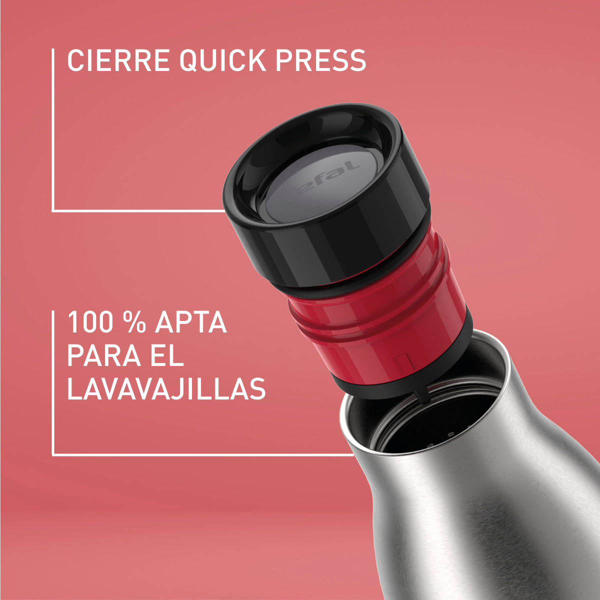 Primer plano de una botella de agua con una tapa roja y negra, sobre un fondo rosa con texto blanco.