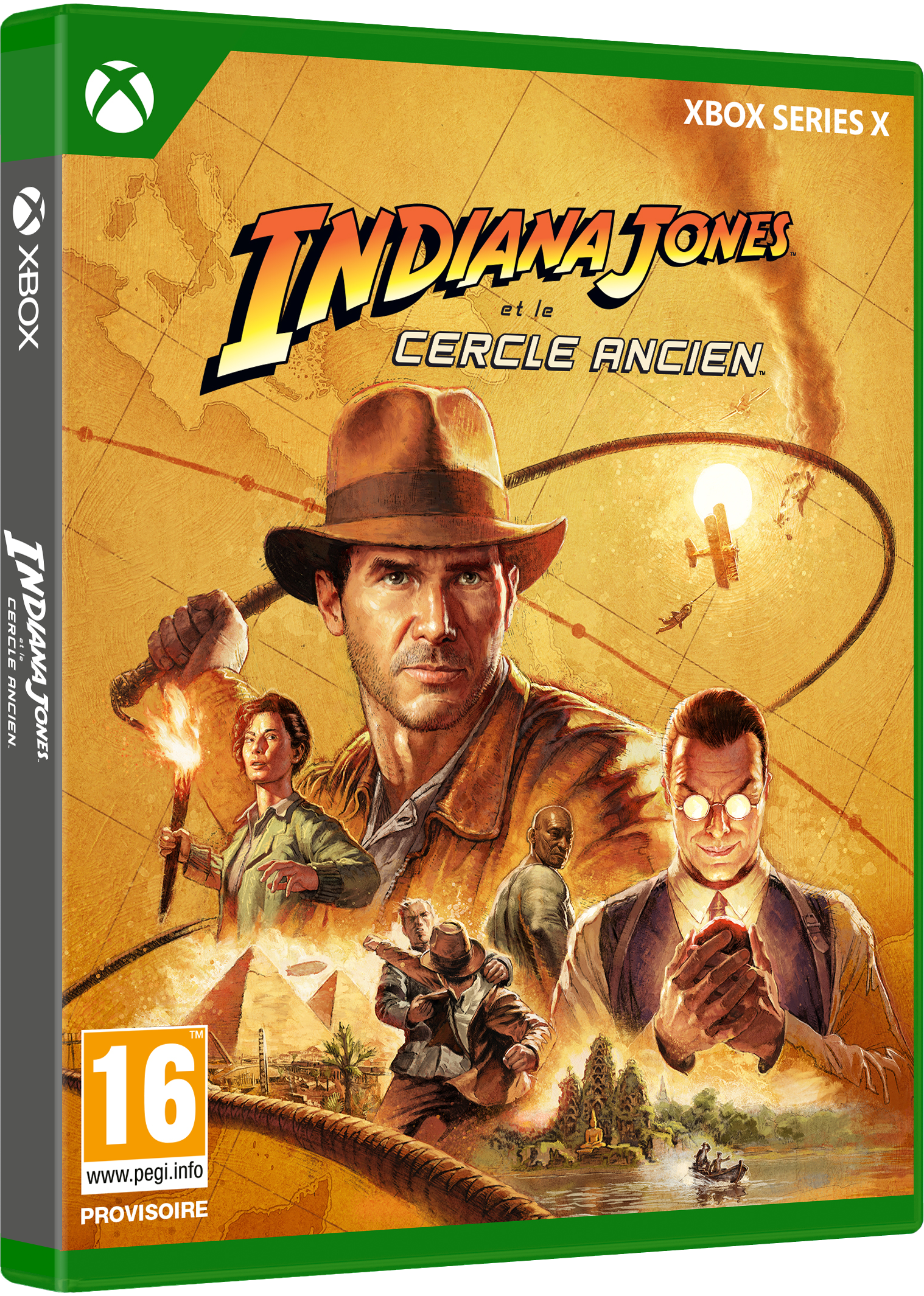 Boîte de jeu pour Indiana Jones et le Cercle Ancien. Avec Harrison Ford en Jones et d'autres personnages.