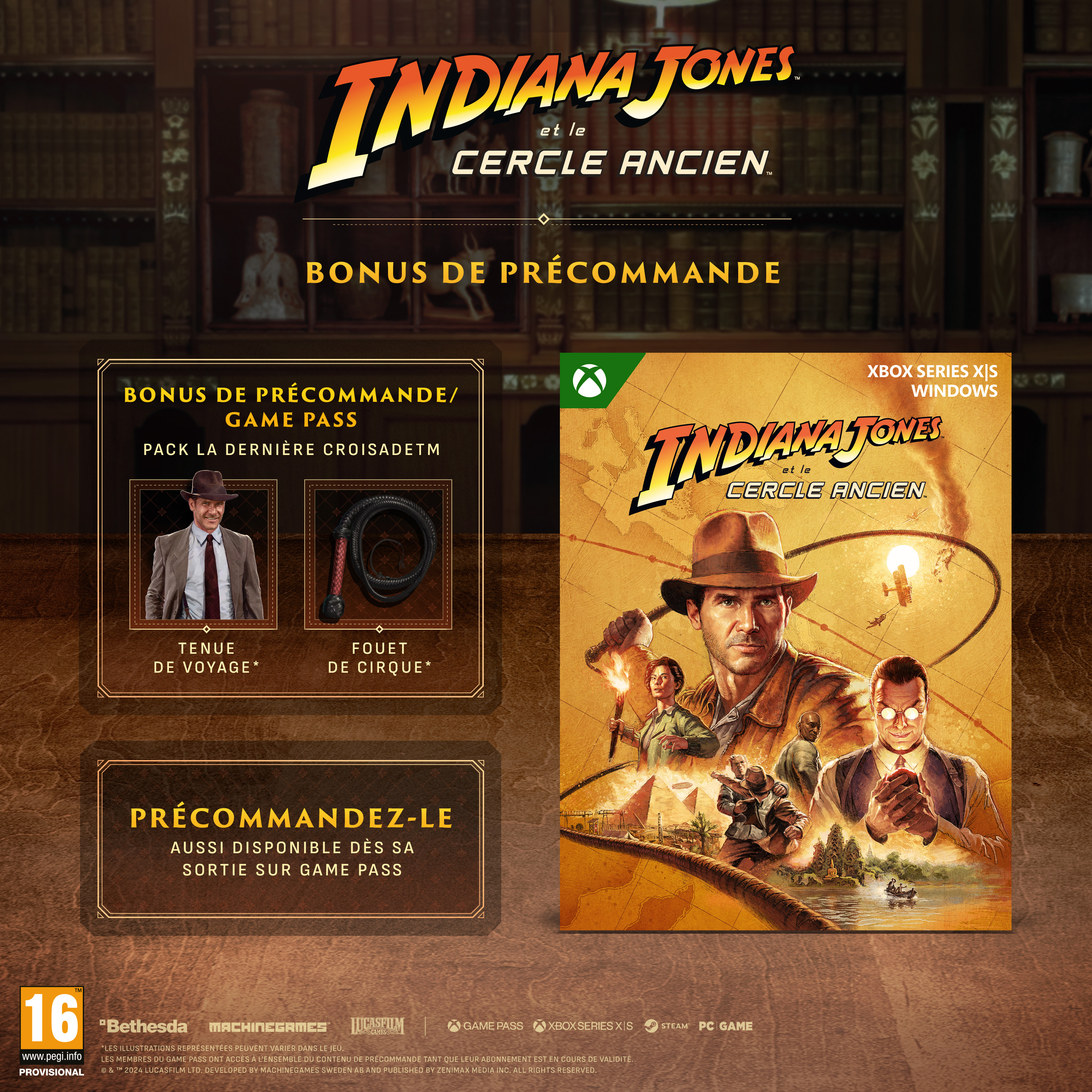 Boîte de jeu Indiana Jones et matériel promotionnel. La boîte montre Indiana Jones. Autres articles incluent les bonus.