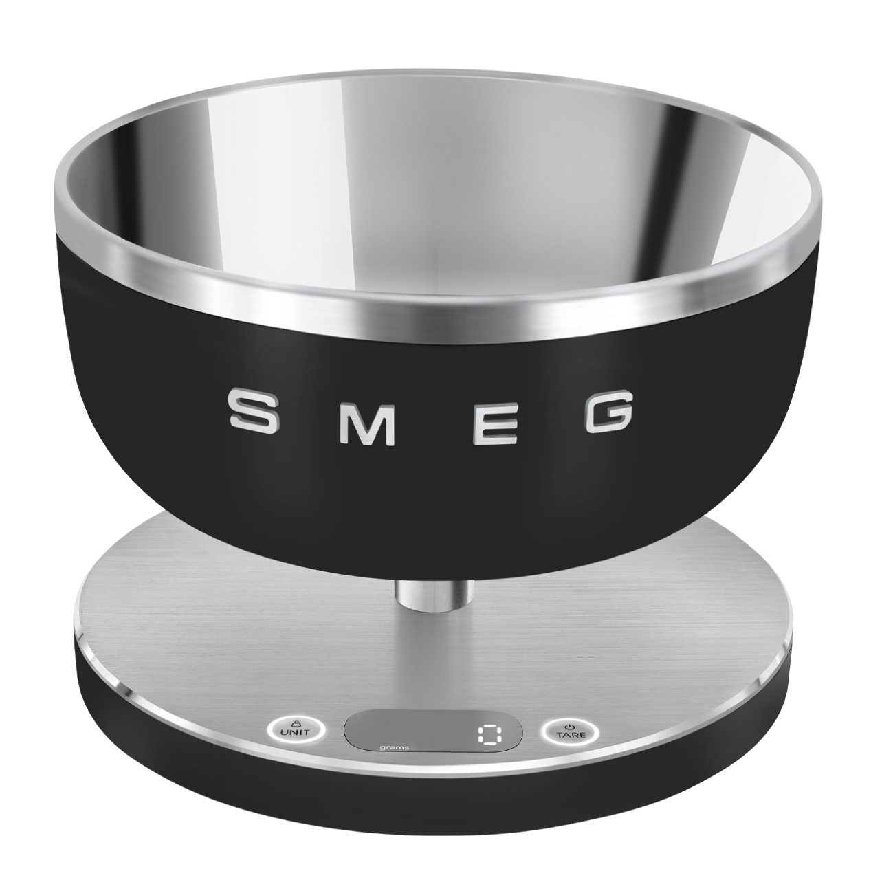 Schwarze und silberne Küchenwaage. Die Schüssel ist schwarz, die Basis ist silber. Smeg-Logo.
