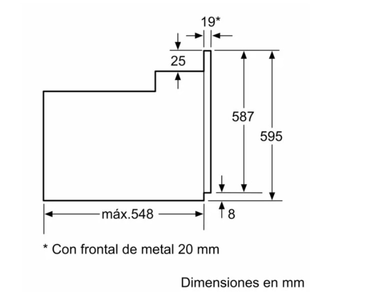 Dibujo técnico con dimensiones de un horno empotrado. Incluye medidas de altura, ancho y profundidad.