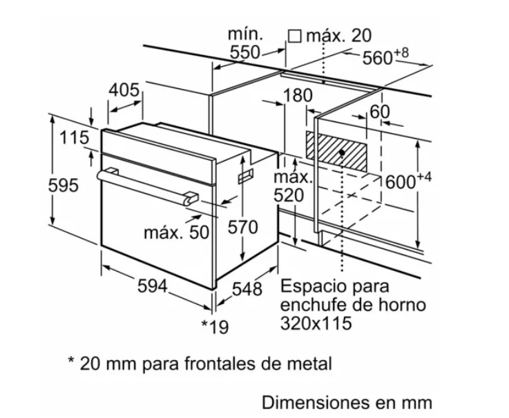 Dibujo técnico de un horno empotrado, mostrando dimensiones e instalación.
