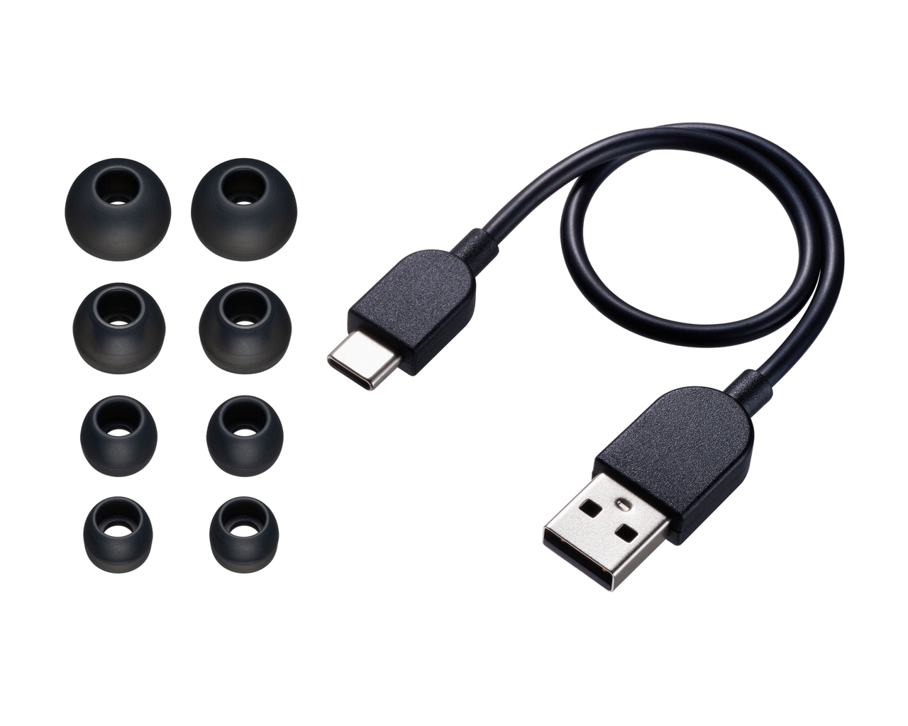 Auriculares y un cable de carga USB-C. Los auriculares son negros, el cable tiene USB y C.