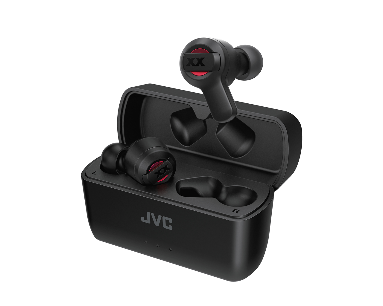 Auriculares inalámbricos negros en un estuche de carga negro. Los auriculares tienen detalles rojos y el logo JVC.